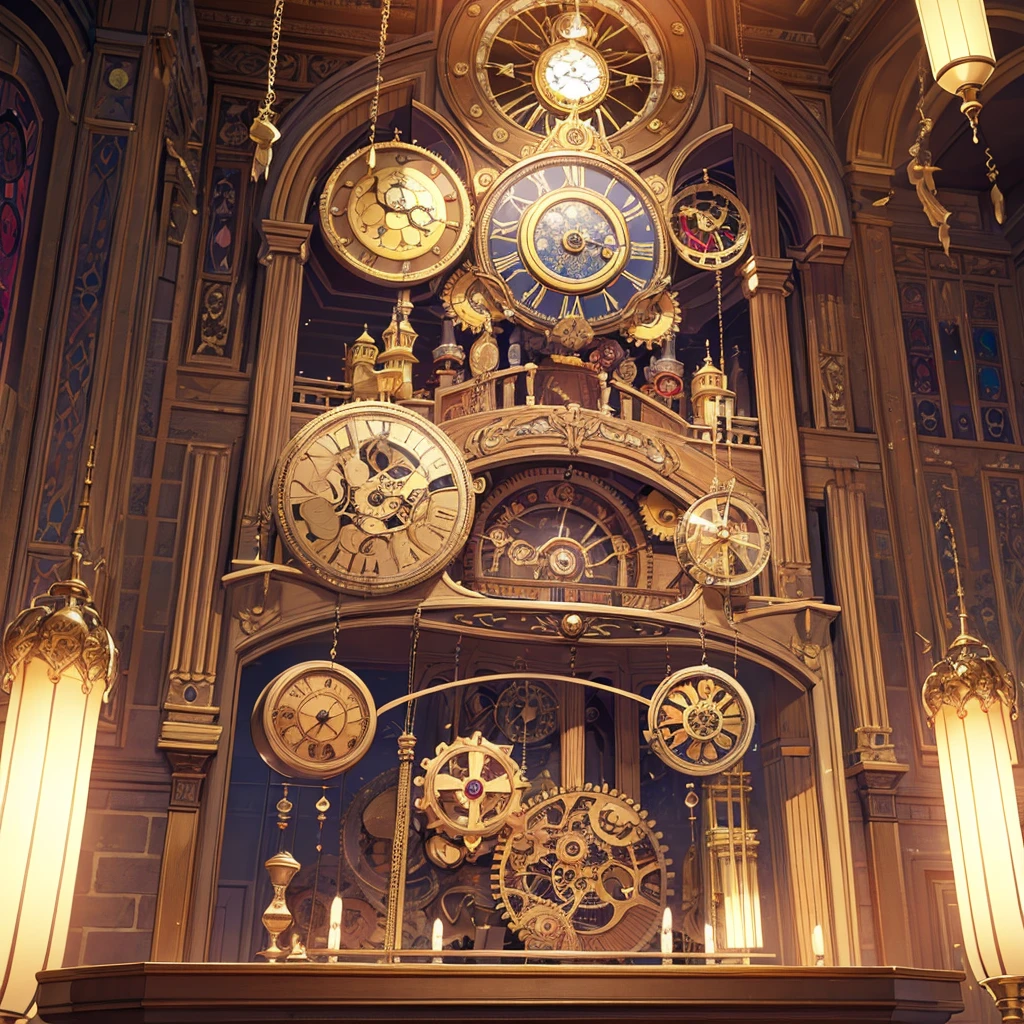 absurdres, best quality, fine detailed, 8k, no humans, Many huge colorful clocks and gears floating in a dimly lit large room, a huge karakuri clock decorated with crystal texture, gears of various sizes, clock-themed ornament, silver chain, steampunk, ray tracing, refraction, cinematic lighting, fisheye lens, tyndall effect