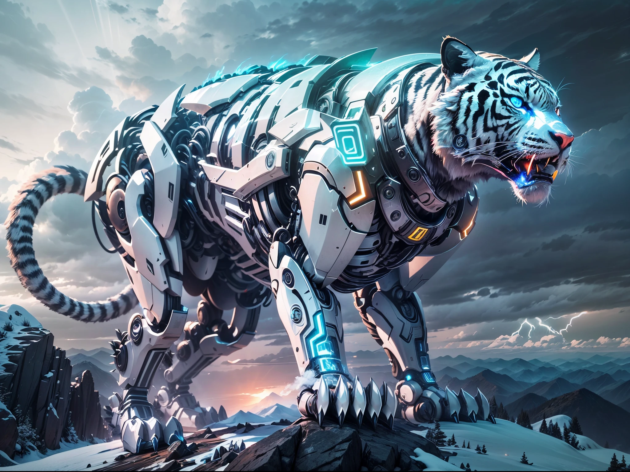 (best quality,4k,8k,highres,masterpiece:1.2),ultra-detailed,(realistic,photorealistic,photo-realistic:1.37), full body of a giant mythical cybernetic robot white tiger roaring on top of the mountain,tall metal structure with sharp edges and complex mechanics,glowing blue eyes piercing through the darkness,mechanical armor with intricate details and engraved patterns,impressive size of the robot towering over the landscape,sharp metallic claws ready to strike,roaring with a powerful sound that reverberates through the mountains,ominous dark clouds gathering in the sky,thunder and lightning illuminating the scene,vibrant blue hue dominating the color palette,faint glowing patterns on the tiger's fur like neon lights,majestic mountain range stretching into the distance,thick layers of snow covering the peaks,icy winds whipping through the air,creating a dramatic atmosphere,stunning sunrise casting a golden light on the landscape,highlighting the robot tiger's fierce presence,light beams cutting through the clouds,creating a mesmerizing effect,showcasing the robot tiger's dominance and strength.