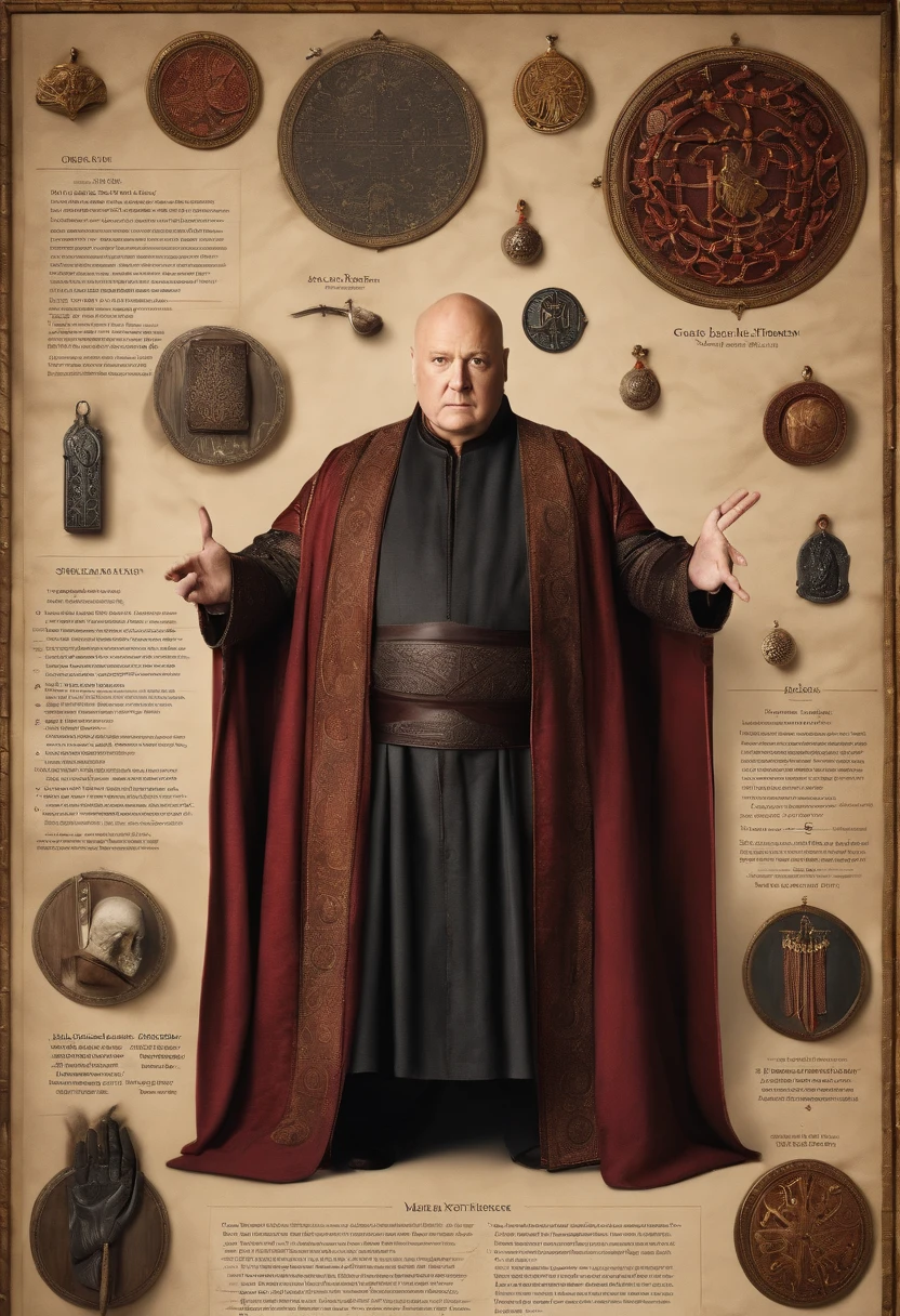 A photo of a meticulously organized board with various pieces of information and documents spread out,HBO's Game of Thrones,Varys is a heavier set bald man, who wears fine embroidered robes, famously portrayed by Conleth Hill, male
