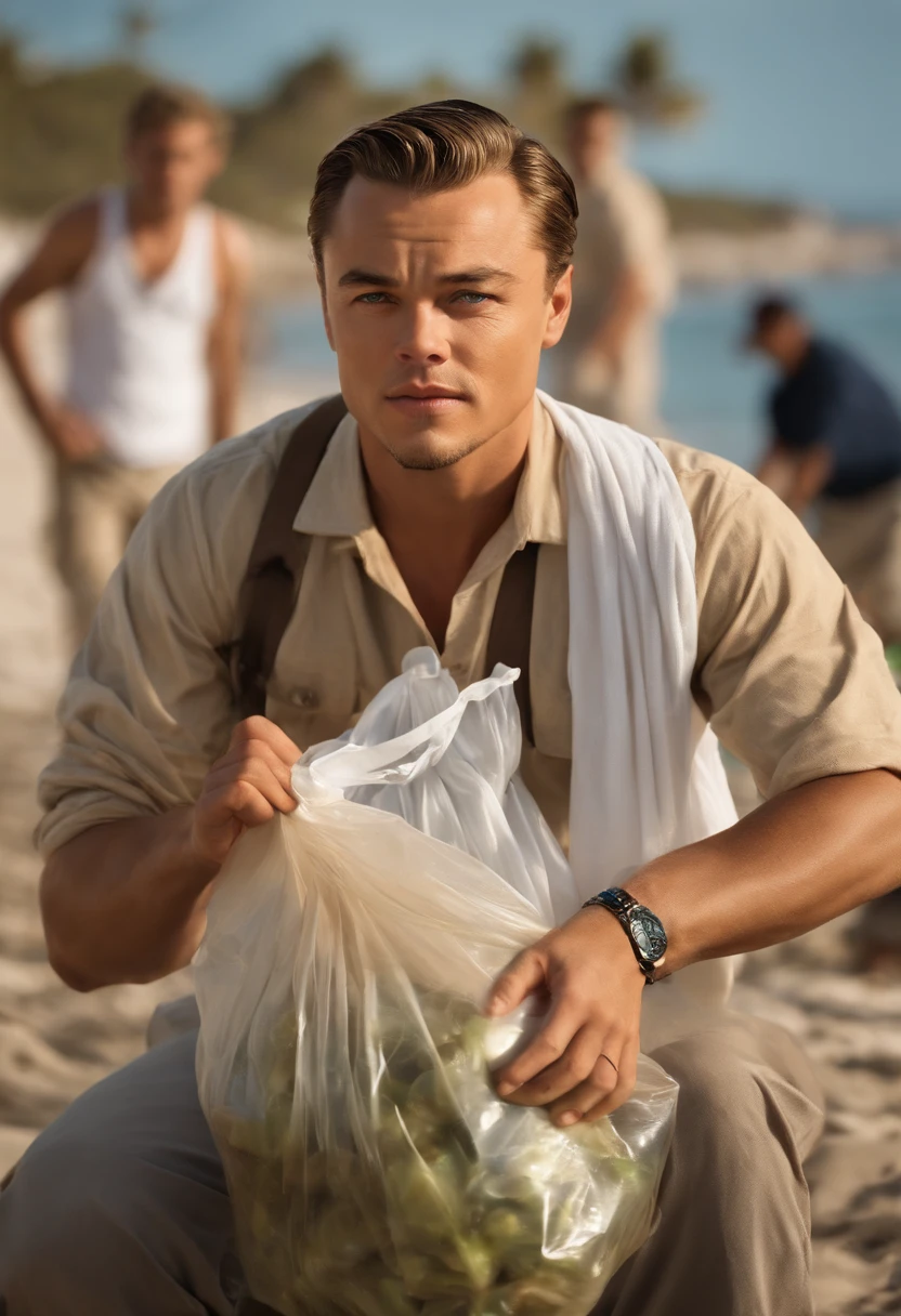 The image is of Di Caprio participating in a beach clean-up, holding a bag of collected trash with a group of volunteers and local community members.,original,Very handsome young Leonardo Di Caprio, male