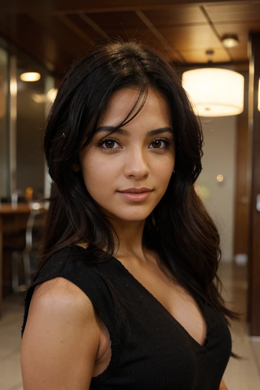 Mujer hermosa cabello negro, largo y con corte mariposa ojos grises