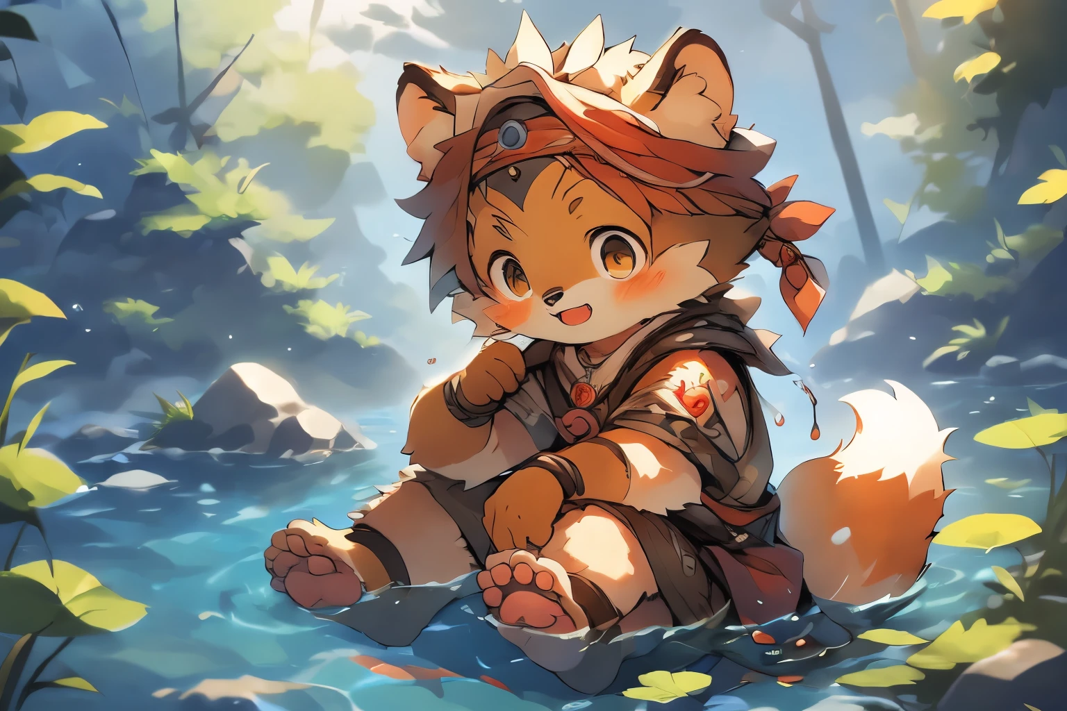 Anime style illustration of fox fishing with fishing rod in river, Cute and detailed digital art, Very very beautiful furry art, Detailed fanart, high-quality wallpaper, dress up as a fisherman 🧥, furry fantasy art, Popular topics on artstation pixiv, High-quality fanart, Human fox, cute fox(,Libido boy,male people,Sit Pose,The perspective is from above,Half immersed in water),by Pino Deheni, Kanikai, Milk Tiger 1145, Dagasi, ys,