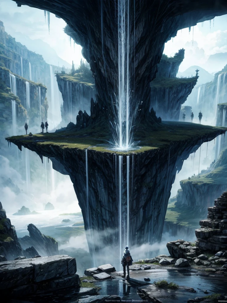 Digital illustration, Detailed and intricate, The panoramic landscape view, Destroyed ancient frozen icy stone tower inside a giant cave chamber, Rocky and snowy and foggy, hundreds of Pilgrims and adventurers, Philipp Urlich art style, Yoshitaka Amano art style, Hayao Miyazaki art style, Masterpiece, Proportional, Detailed, Beautiful lighting, Realistic, Intricate, 4k highest quality, 4K digital painting in the style of Yoshitaka Amano, Beautiful lighting and cinematic composition, Rule of thirds composition, shimmering lighting, dramatic lighting (by Zdeněk Burian:0.0) (by John Martin:0.0)