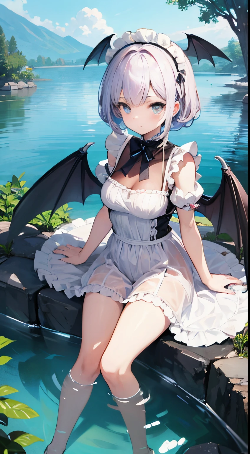 teens girl, eighteen years nal(Large hot spring pond),facial feature,Front lens,details and colors:1.4,Excellent work,human chorionic gonadotropin,Highest image quality:1.4,Frontal light source,Natural soft light,(Transparent water maid outfit)、(Bat wings)、(tail), Anime cute art style, Gotik, Very meticulous,Transparent water,8k wallpaper,prettify,The beautiful, artistically,bright,Not distorted,Flat-chested loli