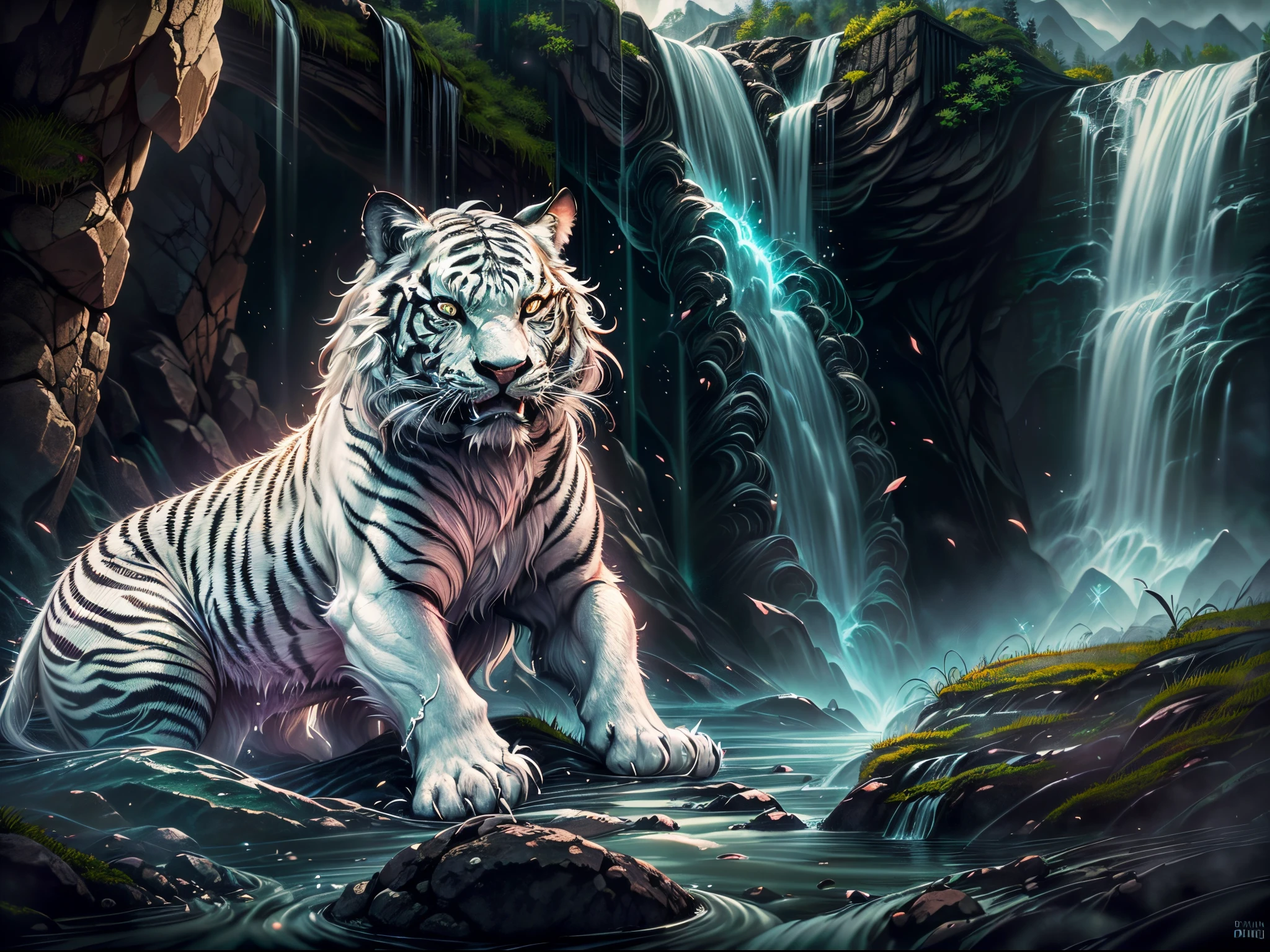 (best quality,4k,8k,highres,masterpiece:1.2),ultra-detailed,(realistic,photorealistic,photo-realistic:1.37),yin-yang white tiger,roaring,waterfall,dark and light energy,mythical,ferocious,strong,graceful,sharp claws,striking eyes,powerful muscles,rippling fur,glistening water,cascading waterfall,majestic landscape,contrast of darkness and light,vivid colors,contrasting textures,ethereal atmosphere,dramatic lighting,spiritual essence,hint of mysticism,harmonious composition,poise and strength in motion,sense of ancient power,awe-inspiring presence.