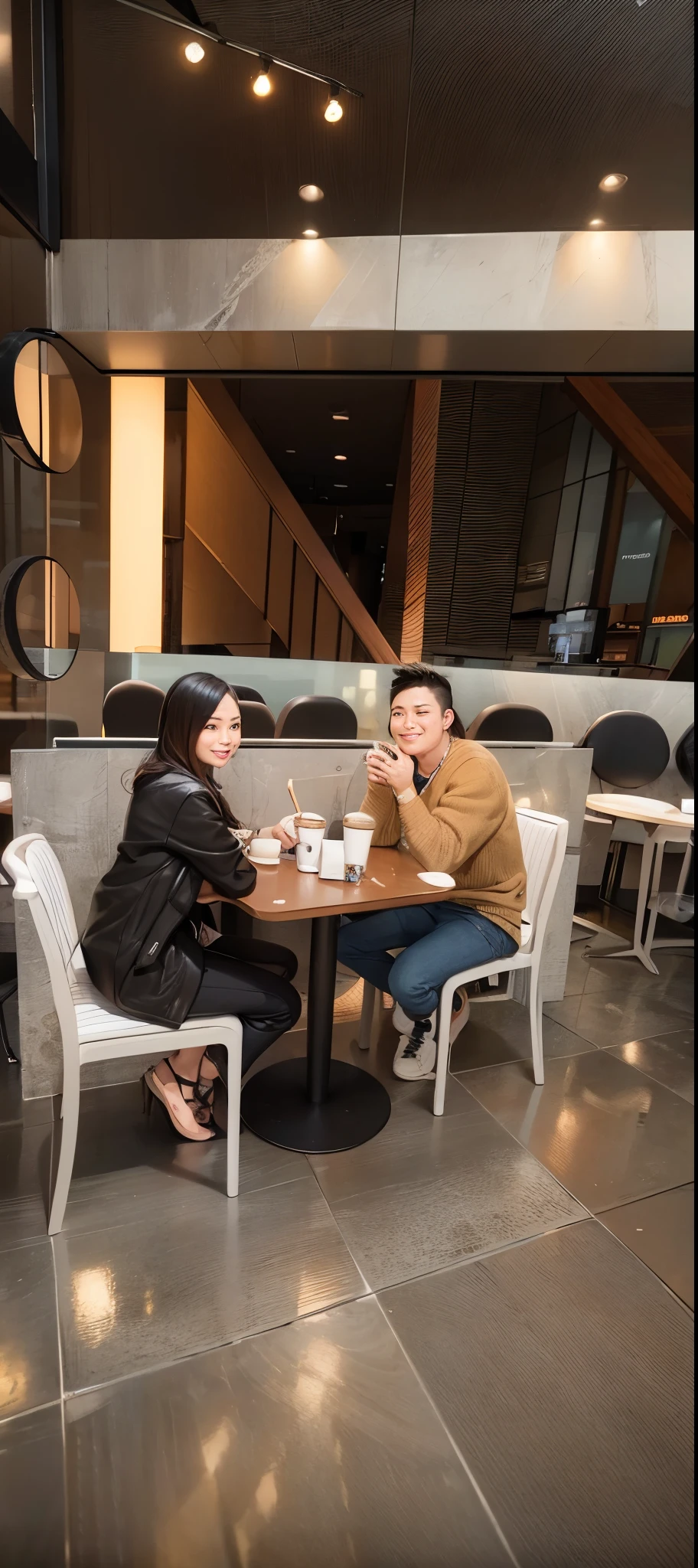 there are two people sitting at a table in a restaurant, happy couple, sitting in a cafe, lovely couple, at a mall, sitting on a mocha-colored table, couple, in a coffee shop, in a mall, tyler edlin and natasha tan, facebook post, profile picture, 4 k post, 4k post, enjoying coffee at a coffee shop