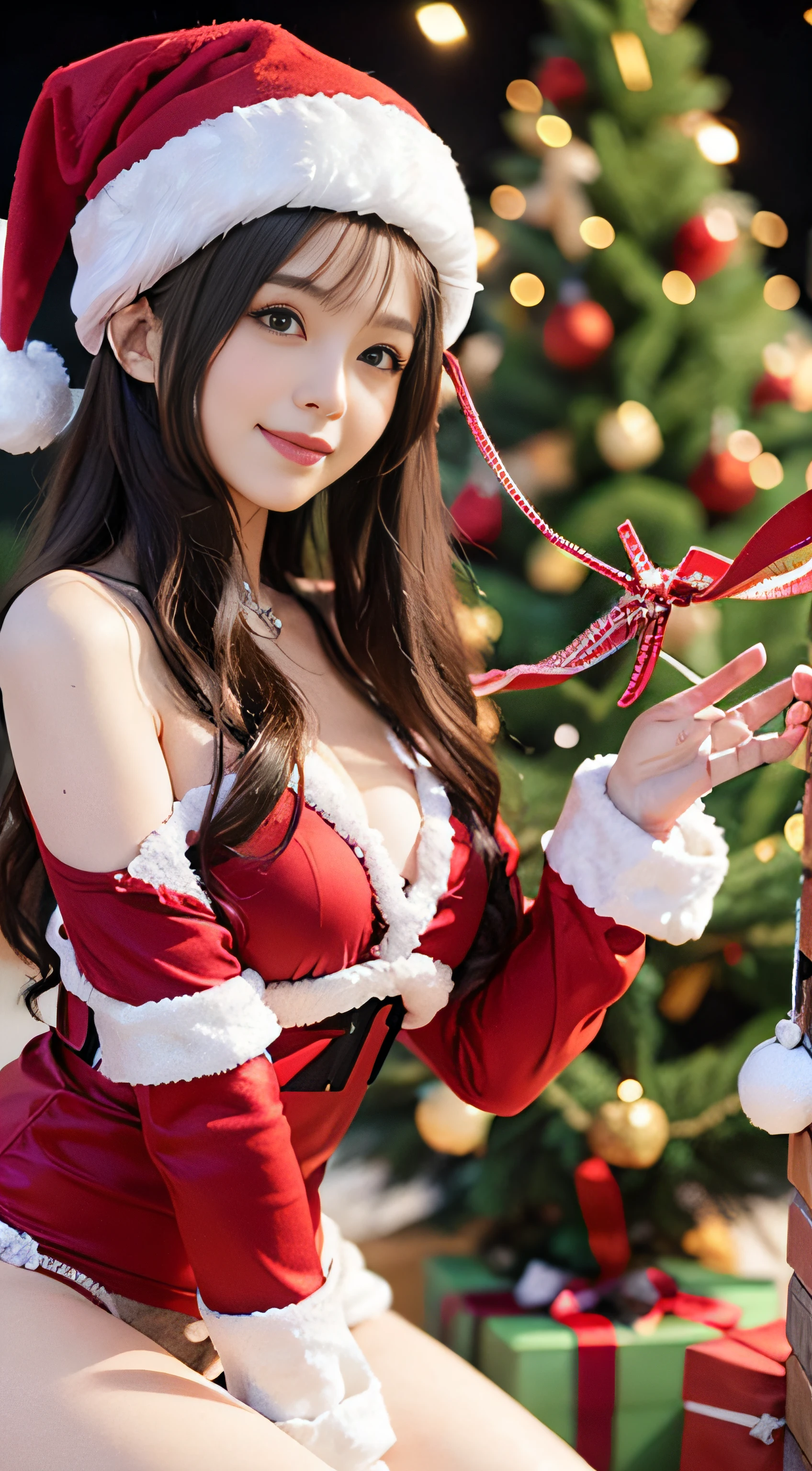 20yo, Big body and small chest, Brown hair, Red leash, Gift boxes are placed in front of the Christmas tree... She smiled slightly, Long hair, christmas street, Christmas Background, Sexy Pose, Short panties, green santa hat, Shirt that shows below the breasts