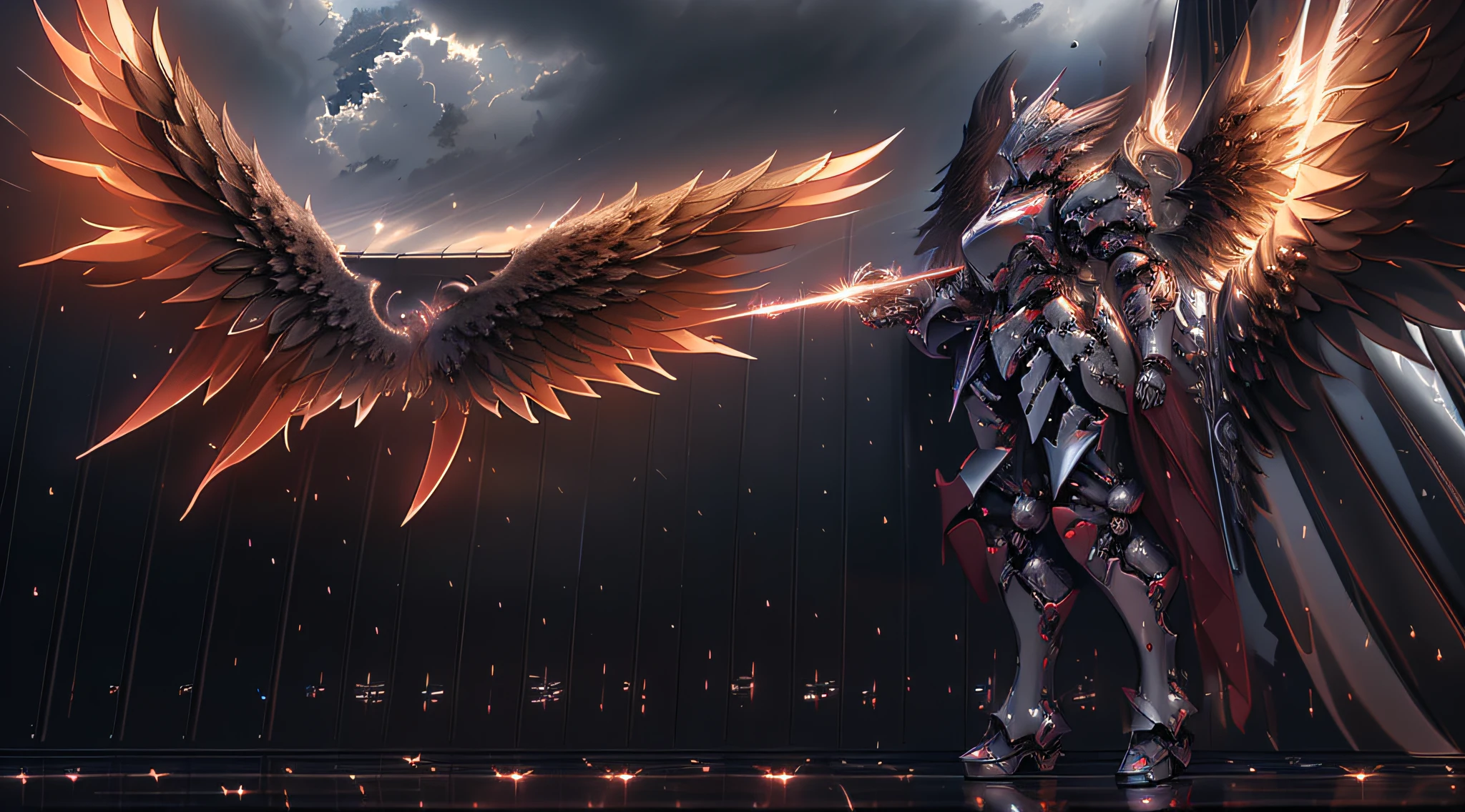 masterpiece, highly detailed CG unified 8K wallpapers, 8k uhd, dslr, high quality, clean, ((a dark angel in a mechanical armor with wings, godly aura, floating in the air, descending from the sky)), rainy, dark night, lightning, dramatic scene, cinematic lighting, ultra-high resolution, ultra-high detailed, high-definition,