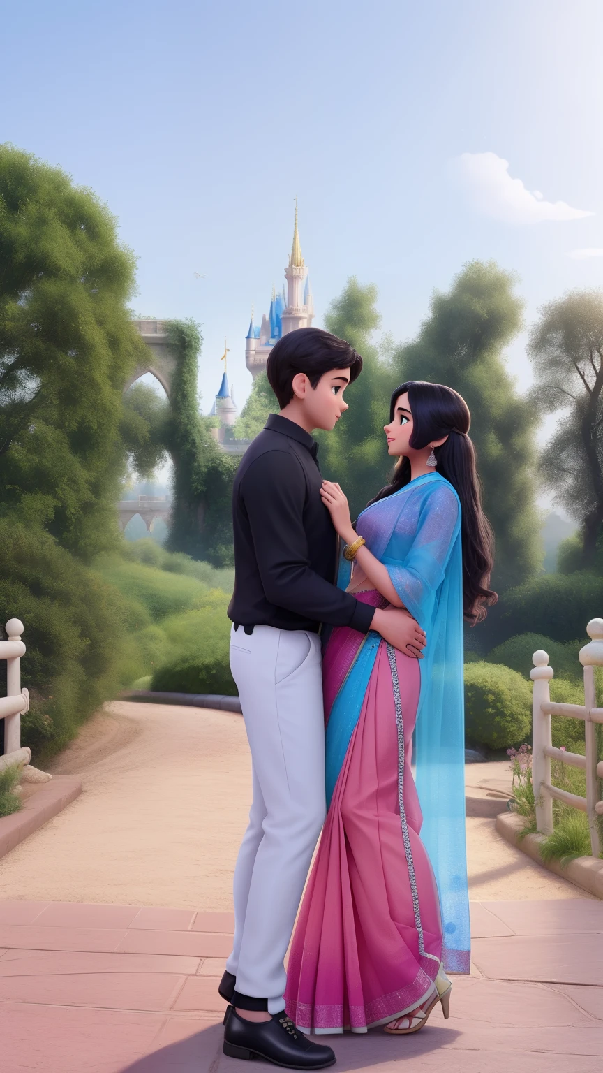 Create beautiful Disney pixar high quality picture where boy has black shirt and white pant and girl with saree holding each other and background beautiful garden they standing between bridge