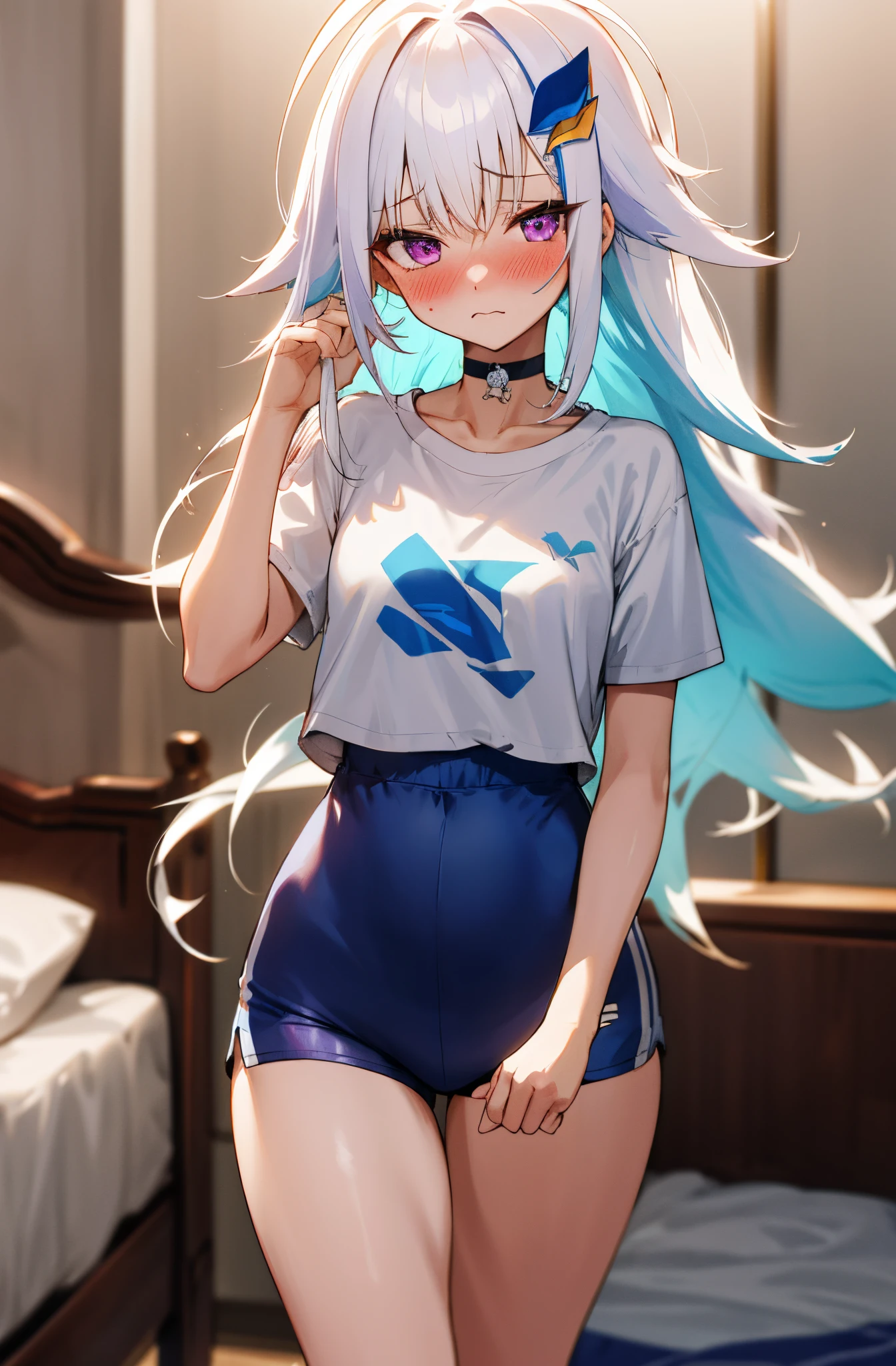 One girl with long messy hair, white hair, blue inner hair, purple eyes, looking at viewer, sleepy, blushing, embarrassed, wake up from sleep, t shirt, sport shorts, bedroom, thigh, slim, dizzy, choker, mid-chest, wide hips, perfect waist, morning atmosphere, hair ornament, standing,