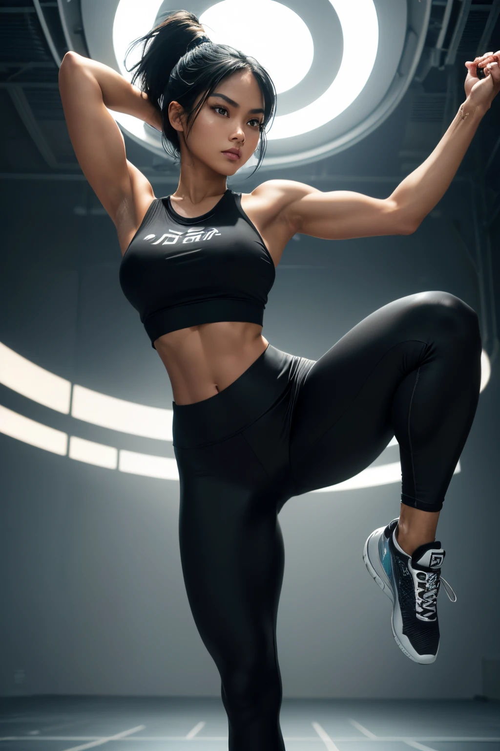 (ultra high definition), (ultra high definition), (full sharpness), (maximum quality), (Cinematic), (8k), ((Filipina woman)), ((extremely beautiful)), (alone), ((full body)), (ultra detailed face), (ultra detailed eyes), (ultra realist eyes), (athletic body), (delicate hands), (very detailed hands), (studio lighting), ((front view)), (confident half-smile), (soft skin), (very small breasts), (round ass), (natural tan skin), (unique), (short raven-black hair), (totally realistic), ((always the same face)), ((repeat always the same face)), ((fierce and determined look)), ((always the same body)), ((always the same proportions)), ((showcases her athletic and agile physique)), ((looking at the camera)), ((wearing crop top and leggings))