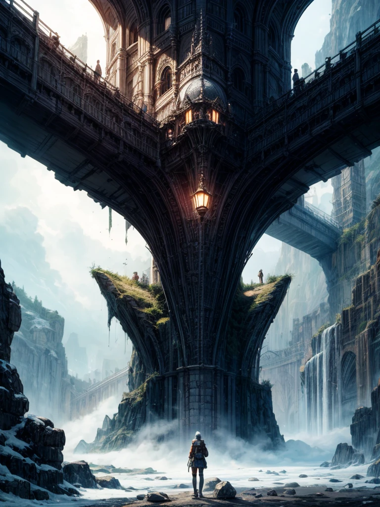 Digital illustration, Detailed and intricate, The panoramic landscape view, Destroyed ancient frozen icy stone tower inside a giant cave chamber, Rocky and snowy and foggy, hundreds of Pilgrims and adventurers, Philipp Urlich art style, Yoshitaka Amano art style, Hayao Miyazaki art style, Masterpiece, Proportional, Detailed, Beautiful lighting, Realistic, Intricate, 4k highest quality, 4K digital painting in the style of Yoshitaka Amano, Beautiful lighting and cinematic composition, Rule of thirds composition, shimmering lighting, dramatic lighting (by Zdeněk Burian:0.0) (by John Martin:0.0)