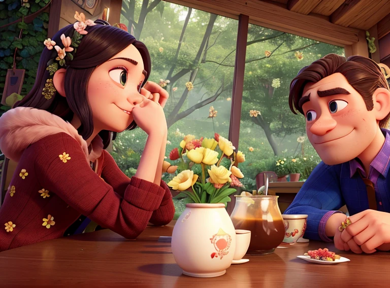 there are two people sitting at a table with flowers in a vase, with ivy, couple, lovely couple, profile photo, with wart, scandy and arender, 🤬 🤮 💕 🎀, on wooden table, wpol and sarasti, with her long, in a coffee shop, ruan jia and brom, profile image, happy couple