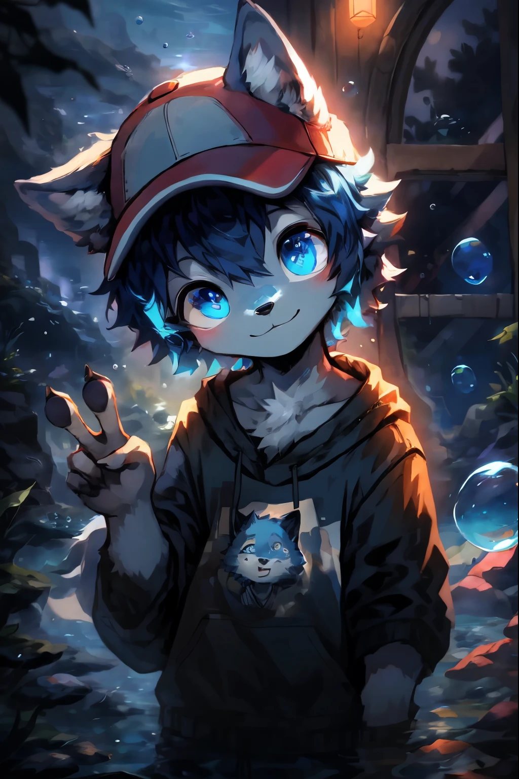 masterpiece, best quality, bright eyes, detailed eyes, furry, wolf, male, baggy clothing, baseball cap, v sign, (head tilt:1.3), high saturation, colorful, detailed background, perfect lighting, shadow, aquarium, window, deep blue theme, bubble