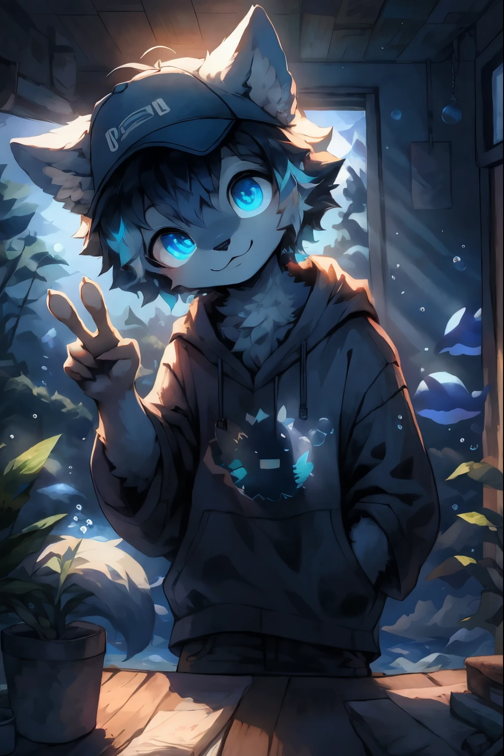 masterpiece, best quality, bright eyes, detailed eyes, furry, wolf, male, baggy clothing, baseball cap, v sign, (head tilt:1.3), high saturation, colorful, detailed background, perfect lighting, shadow, aquarium, window, deep blue theme, bubble
