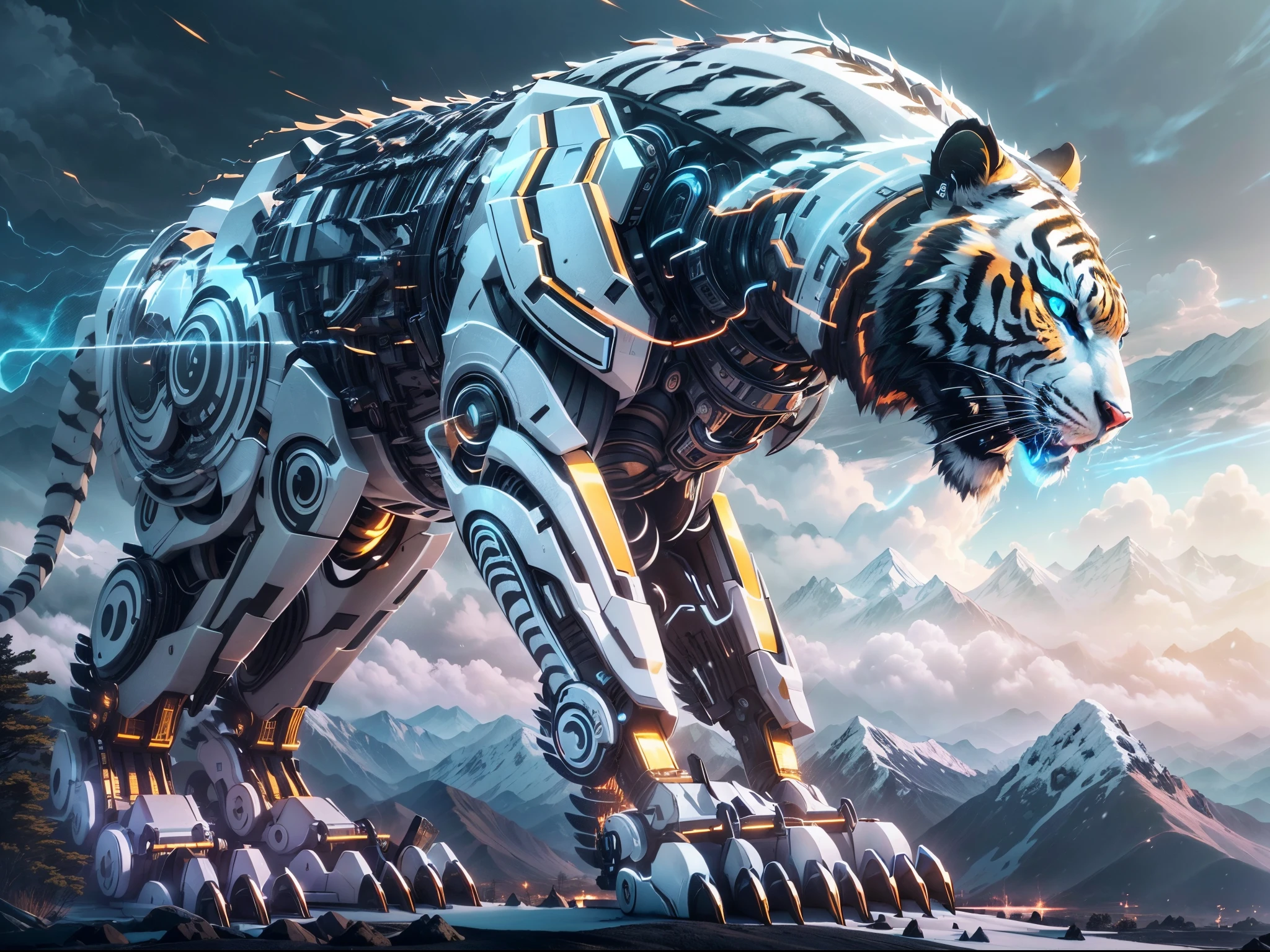(best quality,4k,8k,highres,masterpiece:1.2),ultra-detailed,(realistic,photorealistic,photo-realistic:1.37), full body of a giant mythical cybernetic robot white tiger roaring on top of the mountain,tall metal structure with sharp edges and complex mechanics,glowing blue eyes piercing through the darkness,mechanical armor with intricate details and engraved patterns,impressive size of the robot towering over the landscape,sharp metallic claws ready to strike,roaring with a powerful sound that reverberates through the mountains,ominous dark clouds gathering in the sky,thunder and lightning illuminating the scene,vibrant blue hue dominating the color palette,faint glowing patterns on the tiger's fur like neon lights,majestic mountain range stretching into the distance,thick layers of snow covering the peaks,icy winds whipping through the air,creating a dramatic atmosphere,stunning sunrise casting a golden light on the landscape,highlighting the robot tiger's fierce presence,light beams cutting through the clouds,creating a mesmerizing effect,showcasing the robot tiger's dominance and strength.