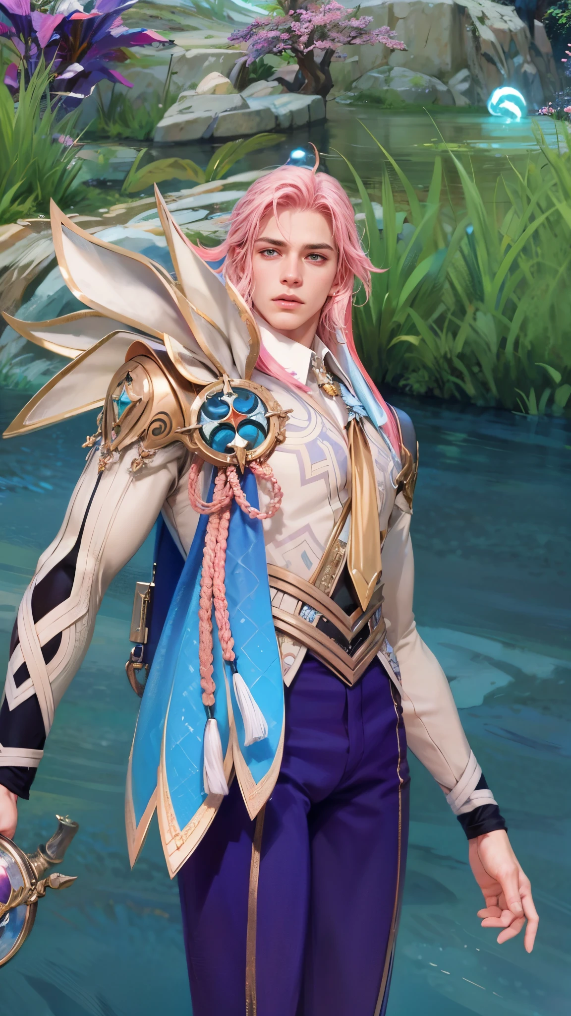 Best quality, masterpiece, detailed skin texture, detailed clothes texture, detailed face, super detail, 8k, intricate detail, 1 boy, The color doesn't change, Muscle guy, 1 guy, pink hair