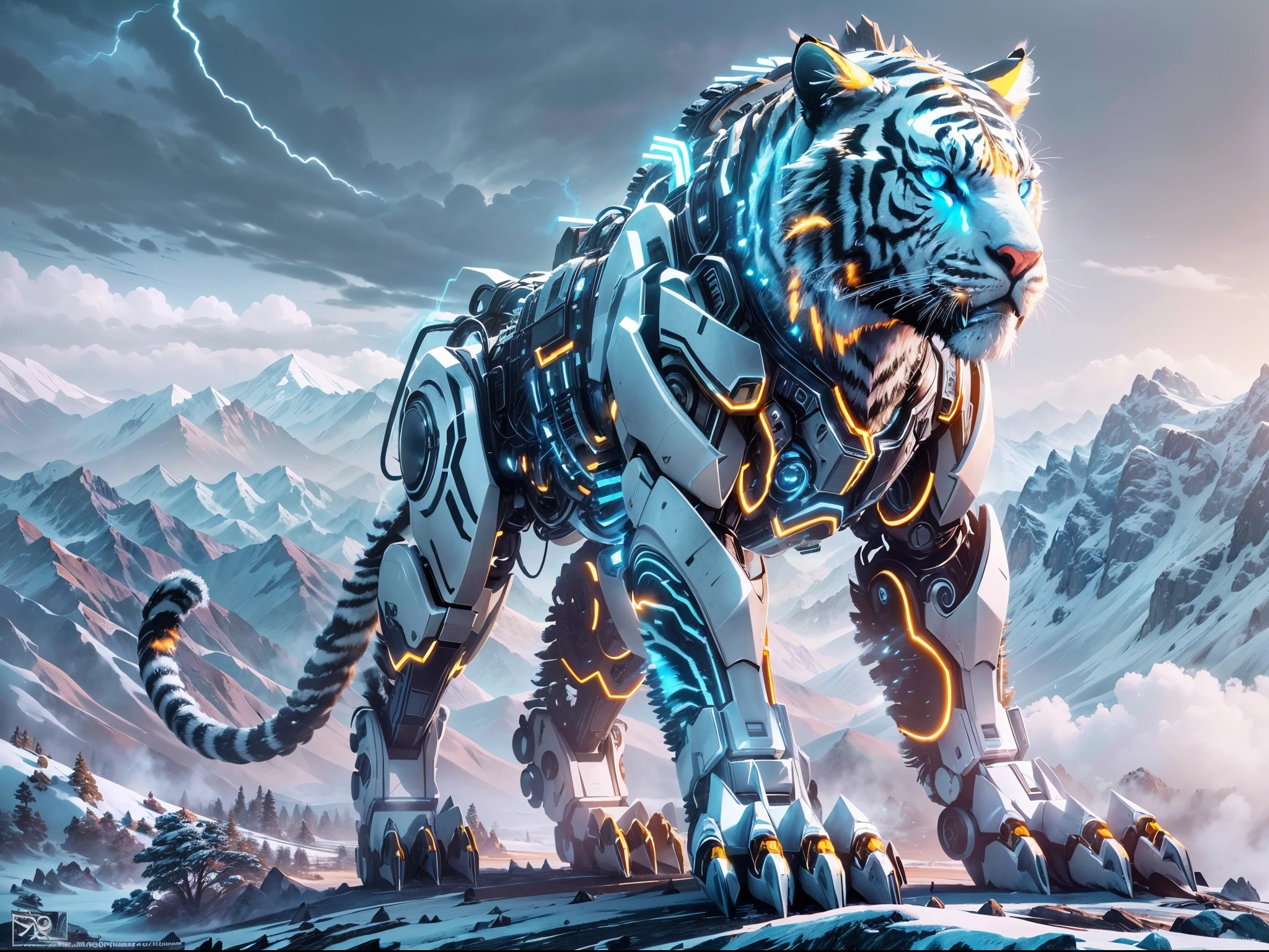 (best quality,4k,8k,highres,masterpiece:1.2),ultra-detailed,(realistic,photorealistic,photo-realistic:1.37), full body of a giant mythical cybernetic robot white tiger roaring on top of the mountain,tall metal structure with sharp edges and complex mechanics,glowing blue eyes piercing through the darkness,mechanical armor with intricate details and engraved patterns,impressive size of the robot towering over the landscape,sharp metallic claws ready to strike,roaring with a powerful sound that reverberates through the mountains,ominous dark clouds gathering in the sky,thunder and lightning illuminating the scene,vibrant blue hue dominating the color palette,faint glowing patterns on the tiger's fur like neon lights,majestic mountain range stretching into the distance,thick layers of snow covering the peaks,icy winds whipping through the air,creating a dramatic atmosphere,stunning sunrise casting a golden light on the landscape,highlighting the robot tiger's fierce presence,light beams cutting through the clouds,creating a mesmerizing effect,showcasing the robot tiger's dominance and strength.