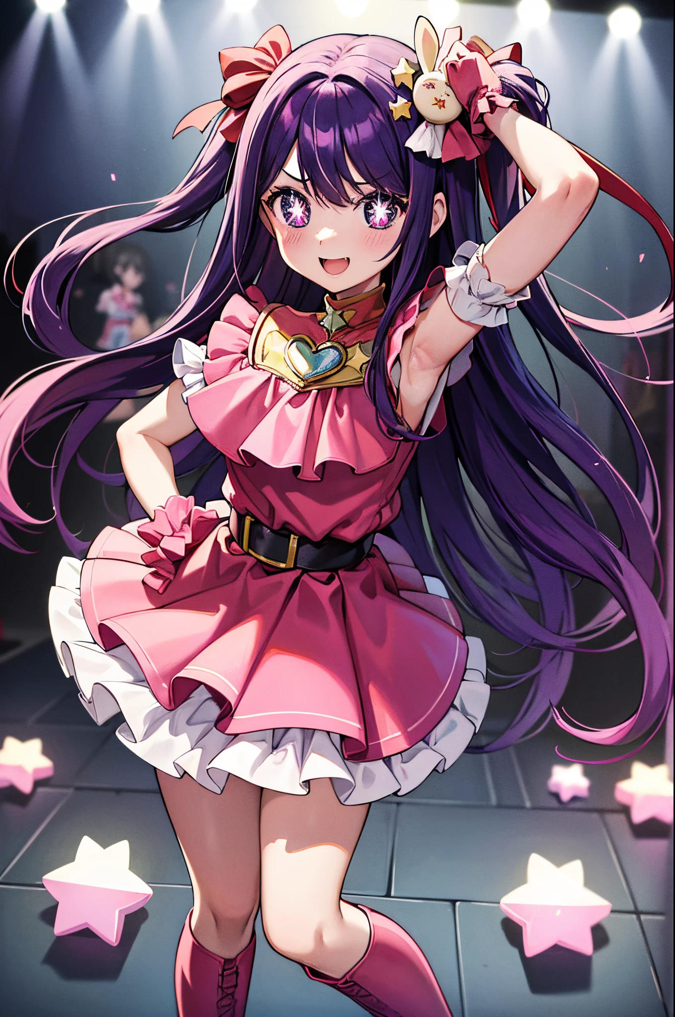 hoshino ai, from below, star dress, singing, :d, happy, open mouth, stage, concert, stage lights, audience, pink dress, yellow collar, pink gloves, pink thigh high boots, crowd, light particles, red heart brooch,At full height (holding microphone:0.9),, masterpiece, best quality, highly detailed
