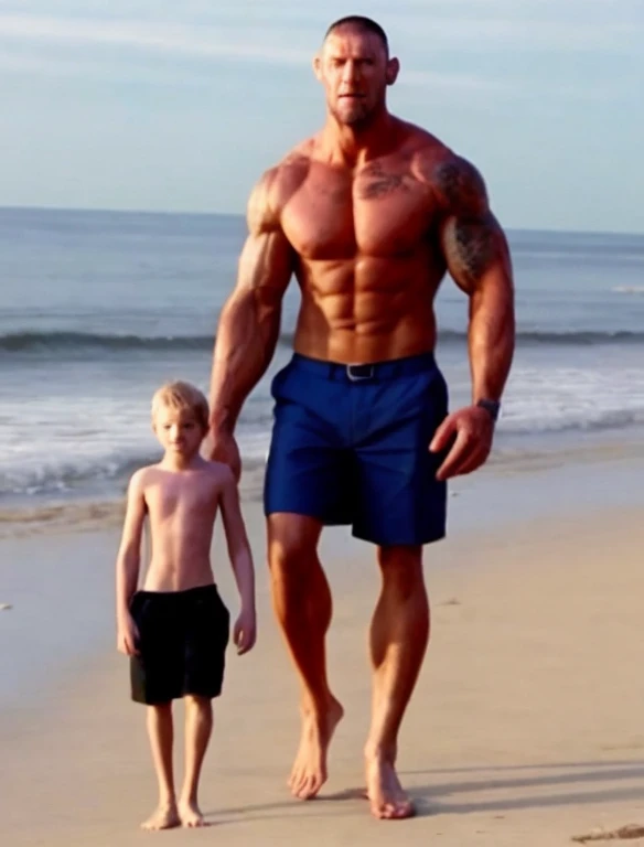 Extremely tall muscular man walking on beach with little person friend