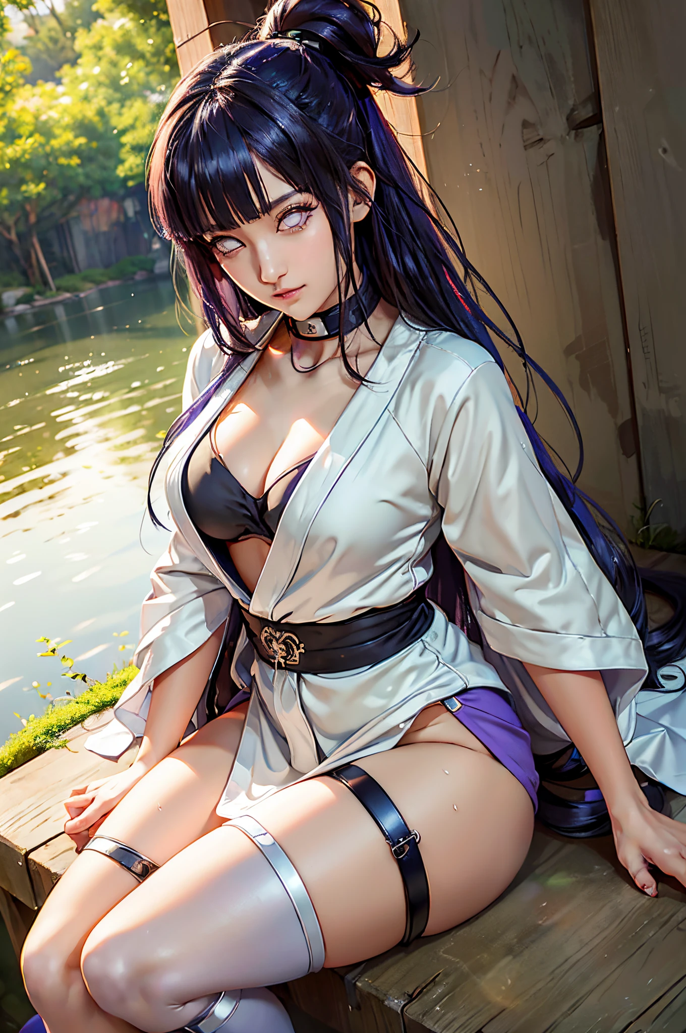 generate Hinata from naruto anime, best quality, masterpiece, 1girl, (solo:1.1), raytracing, ultra detailed, 8k wallpaper, wide hips, tsundere face, small breast, ninja neckchocker. (long hair:1.1),Purple hair, ((white eyes)), looking at viewer, collarbone, hot pants and kimono, cleavage, sitting, outdoor, female, detail japanesse village background, 8k, sharp eye, (from behind), cg realistic, 8k, sharp eye, (masterpiece, best quality:1.2),(8k,highres,RAW photo,realistic,photo-realistic:1.3),(detailed skin texture,detailed cloth texture,beautiful detailed face:1.25),professional lighting,photon mapping,beautiful soft light,radiosity,physically-based rendering,model shoot style, model shoot style, (extremely detailed CG unity 8k wallpaper), full shot body photo of the most beautiful artwork in the world, complex 3d render ultra detailed, looking at viewer, 18 yo, wet hair, real human skin, vibrant details, hyperrealistic, beautiful, octane render, 8k, best quality, masterpiece, an extremely delicate and beautiful, extremely detailed ,CG ,unity ,wallpaper, (realistic, photo-realistic:1.37),Amazing, finely detail, masterpiece,best quality,official art, extremely detailed CG unity 8k wallpaper ,extreme detailed eyes, (perfect face), shiny skin, colorful, highest detailed, vibrant colors, ultra high res, (high contrast), intricate, lens flare,