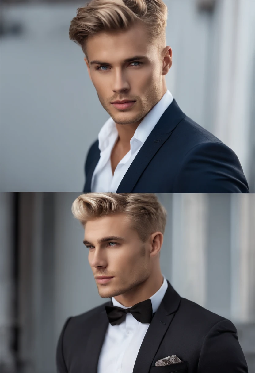 Man in gray suit with white shirt, short blond hair, and blue eyes, attractive male, handsome male, handsome young man, handsome and attractive, blonde and attractive features, attractive man, attractive young man, cool _ hairstyle, blond man, slim man with light tanned skin, Young man with long length, black shoes, 8k