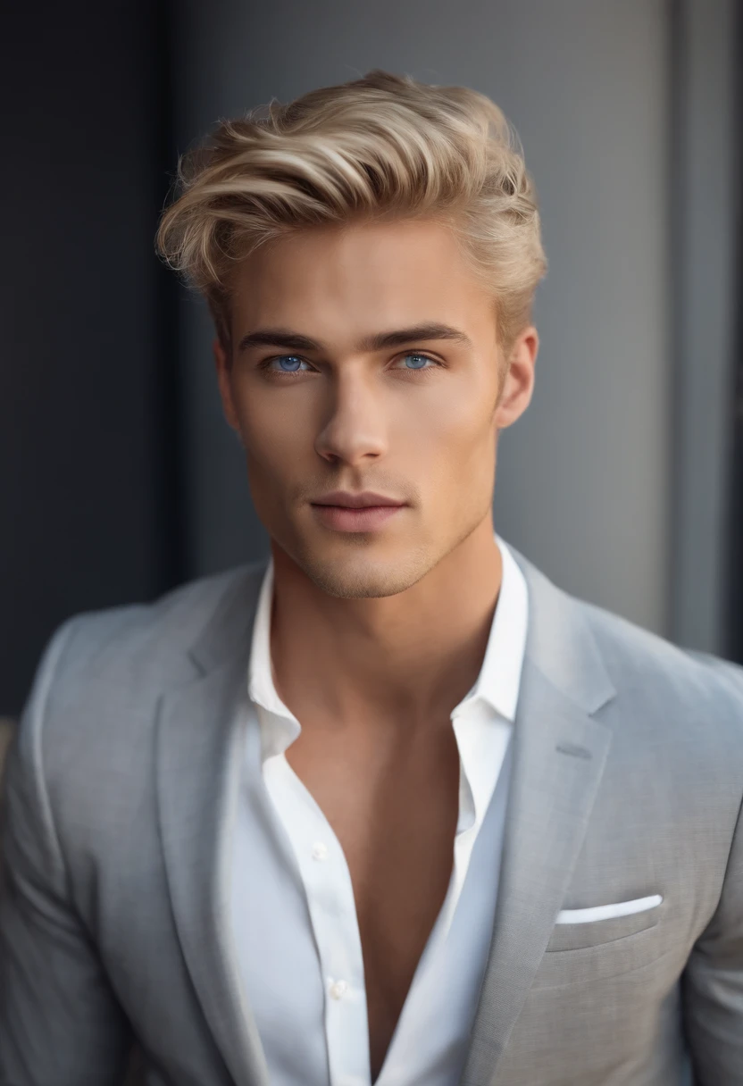 Man in gray suit with white shirt, short blond hair, and blue eyes, attractive male, handsome male, handsome young man, handsome and attractive, blonde and attractive features, attractive man, attractive young man, cool _ hairstyle, blond man, slim man with light tanned skin, Young man with long length, black shoes, 8k