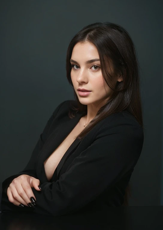 Generate a professional image featuring a brunette model with long, straight, black hair, athletic, weighing approximately 70 kilos and of average height. Photos should reflect sophistication and a touch of sensuality, with a dark gray background to create an elegant and engaging environment. Photos should focus on your face and not show your legs. She wears a black tailored blazer, a tight dress and the accessories are discreet. It has a rounded face and its mouth is closed. Your hands are delicate and perfect. The fingers are delicate and realistic. Well-groomed, short, black nails. The image must be in high resolution.