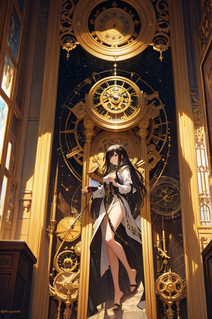 absurdres, best quality, fine detailed, 8k, no humans, Inside the Royal great Clock Tower, Many huge colorful clocks and gears floating in a dimly lit large room, a huge karakuri clock tower decorated with crystal texture, gears of various sizes, clock-themed ornament, silver chain, steampunk, ray tracing, refraction, cinematic lighting, fisheye lens, tyndall effect