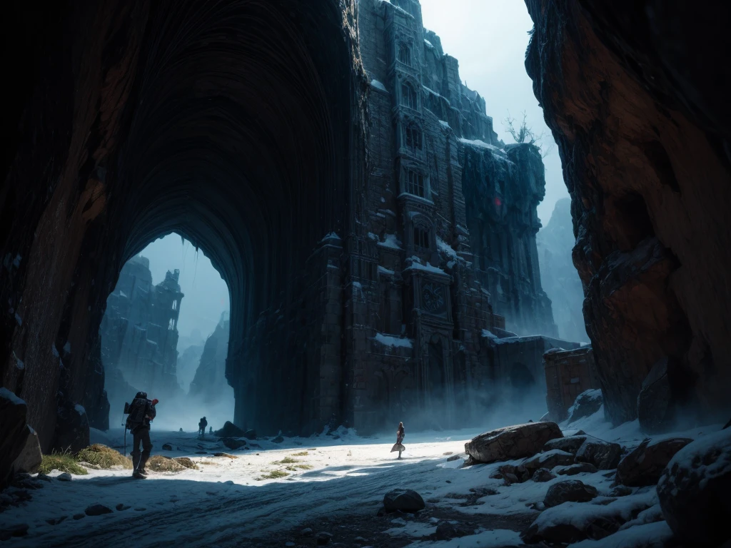 Digital illustration, Detailed and intricate, The panoramic landscape view, Destroyed ancient frozen icy stone tower inside a giant cave chamber, Rocky and snowy and foggy, hundreds of Pilgrims and adventurers, Philipp Urlich art style, Yoshitaka Amano art style, Hayao Miyazaki art style, Masterpiece, Proportional, Detailed, Beautiful lighting, Realistic, Intricate, 4k highest quality, 4K digital painting in the style of Yoshitaka Amano, Beautiful lighting and cinematic composition, Rule of thirds composition, shimmering lighting, dramatic lighting (by Zdeněk Burian:0.0) (by John Martin:0.0)
