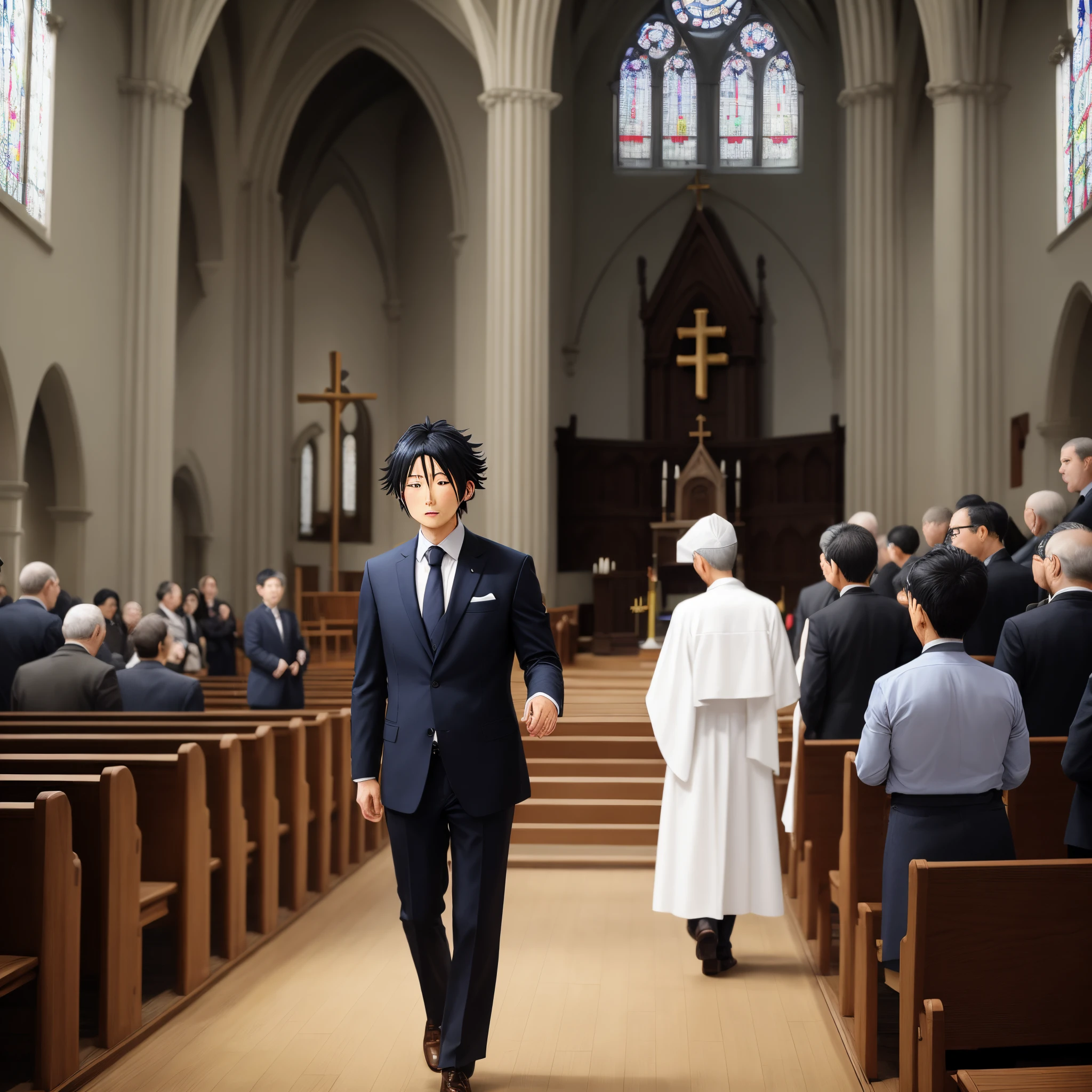 Tomioka entering a church dressed in a suit with a Bible