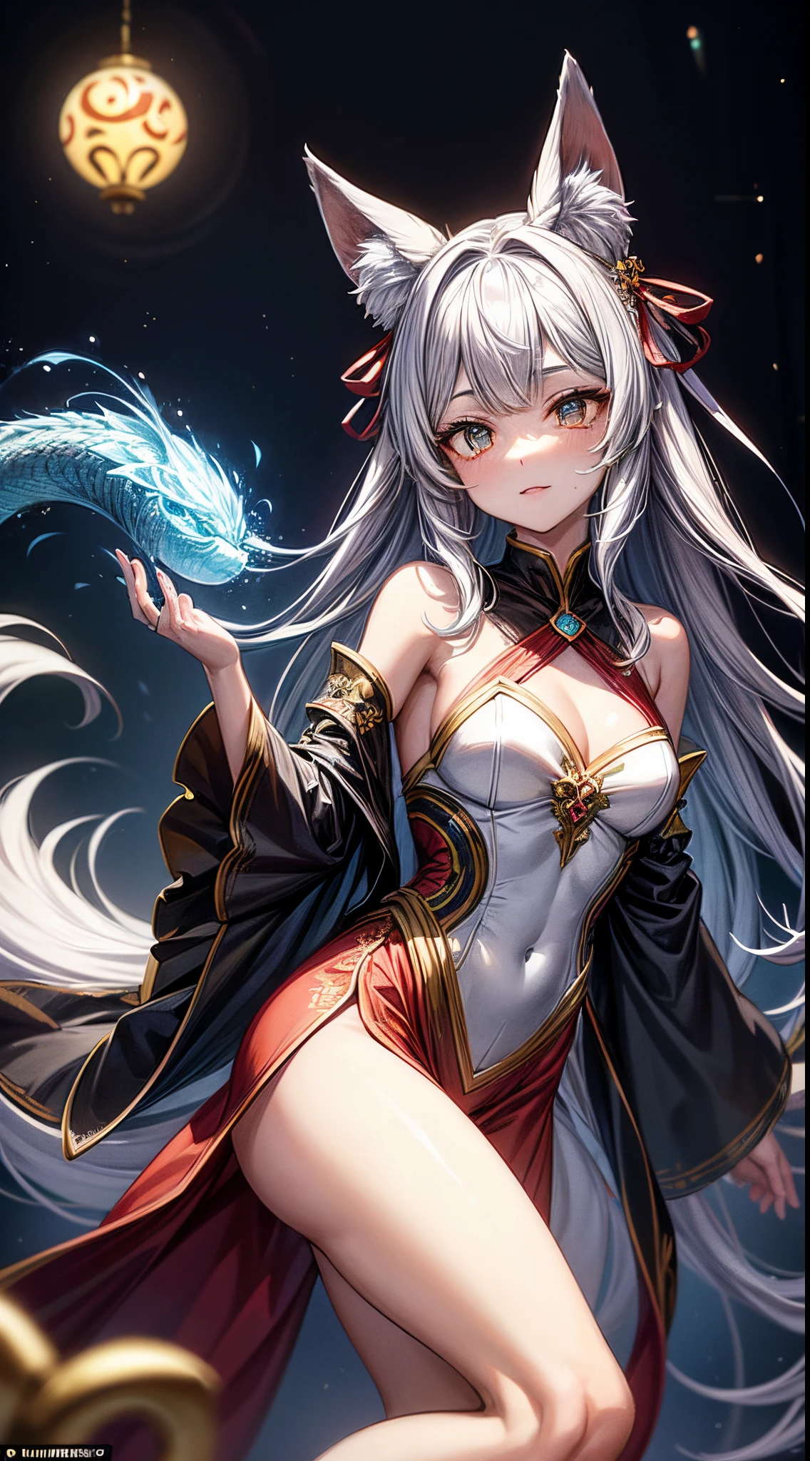 In the realm of extraordinary creatures, A mesmerizing beast girl stepped forward, Embody the fusion of dragons, Fox, deers, cat, and demons. Her captivating eyes reflect the diversity of her pedigree, Reflects a kaleidoscope of colors. Graceful antlers crowned her head, Paired with sleek cat ears, Allusion to her majestic legacy. Wisps of rainbow-colored scales adorn her hair, Show off her dragon bloodline. A lush fox tail swayed gracefully with her movements. Wear costumes that incorporate elements of each race, She represents a harmonious union of their unique characteristics. In order to embody the spirit of the wisdom of the dragon family, The cleverness of the fox, The grace of the deer, The agility of cats, and demonic powers, She is an extraordinary and wonderful creature, Living proof of the miracle of mixed bloodlines.