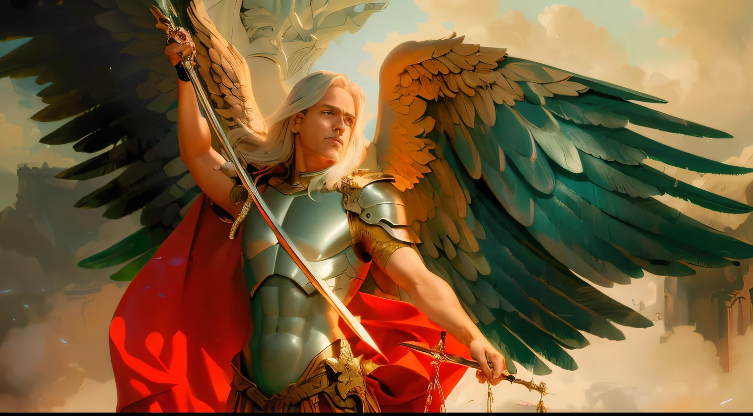 There is a statue of an angel with a sword and shield, Arcanjo Miguel, arcanjo, Magic : A Arte do Encontro, Artgerm e Craig Mullins, Magia da Arte do Encontro, saint michael the angel, Craig Mullins e Artgerm, Magic the Gathering Arte, angel in plastic armor, Artgerm Craig Mullins, Graphic artist Magali Villeneuve