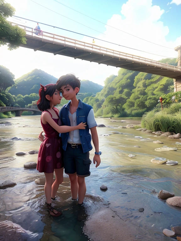 there is a man and woman standing in the water under a bridge, river in front of him, connected with hanging bridge!!, 😭 🤮 💕 🎀, tyler edlin and natasha tan, help me, stream of love and happiness, facebook post, couple, ❤🔥🍄🌪, near a river, cooling, river in the background, with her long