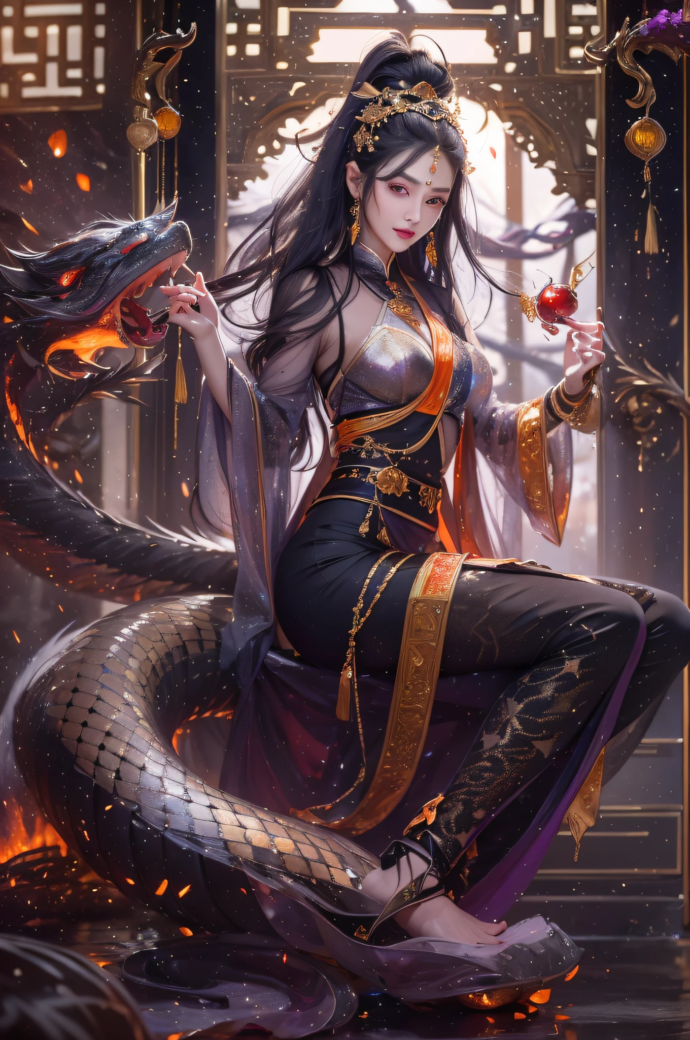 ancient chinese fantasy,Torch Night Black Gold Orange Snake Print Silk Trousers,Rouge diamond gauze sheer lizard print leggings,Forty-five degree angle view,completely see-through,Girl with sword in hand,Totem diamond on sword,cold steel sword,Panorama ultra-wide angle,Smile full of femininity,The texture of the real person is delicate,strong visual impact,hyper-detailing,dream girl,delicated face,pretty eyes,Purple eyes with starlight,largeeyes,long eyelasher,Hair floating in the air,Ancient Chinese long hair hairstyle,Redlip, cherry version,fanbingbing,High round round,crystal-clear,Good sense of perspective,Colorful light and shadow effects,16K smooth,Surface reflected light,flowing dark hair,Water Goddess 32K,复杂,ellegance,The content is very detailed,A majestic,digital photography,Exquisite,surrealism painting,Broken rubies,Beat the magic,Fire magic entanglement,Black flame entanglement,ink flame,(tmasterpiece,电影灯光,exquisite and beautiful eyes:1.2),Void 5 Energy Storm,(China 1 girl,黑The eye:1.5),Rouge skin,Glowing skin,(sitting on the stone:1.5),delicated face,black color hair,Put on the magnificent fantasy gorgeousness,cropped shoulders,long skirt,beautiful gold jewelry,nevando,Big breasts are beautiful,Delicate figure,looking at viewert,He has his back to the camera,tmasterpiece,Lateral face,Side portrait close-up,half-body portrait,Close-up of people,Upper body hea background close-up,Background Black,background whites,Delicate lubrication,to emphasize,solid color backdrop,Splashed ink background。