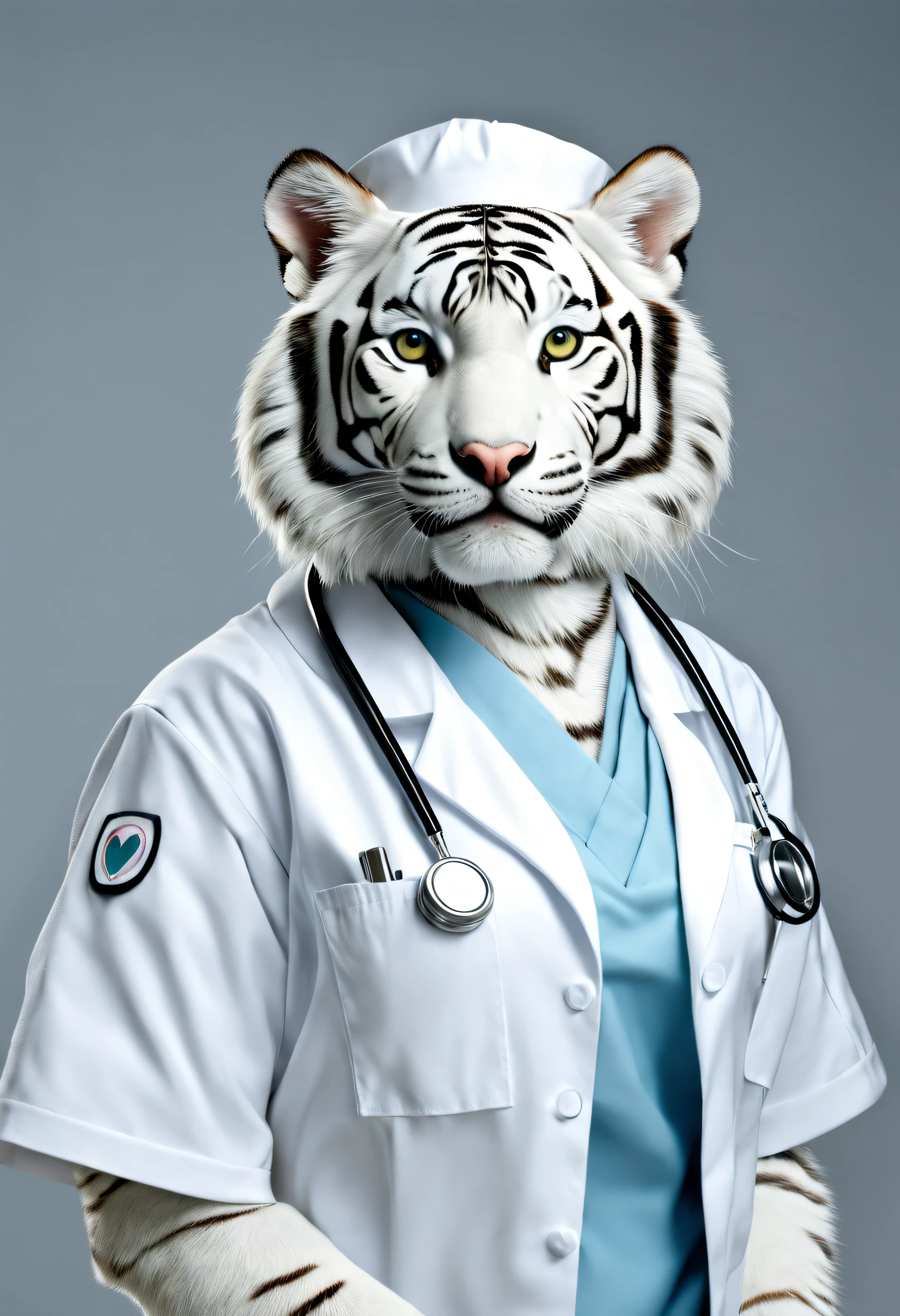 photorealistic portait of Dressed animals - a white tiger nurse, working at a hospital, high quality, highly detailed, studio lighting,