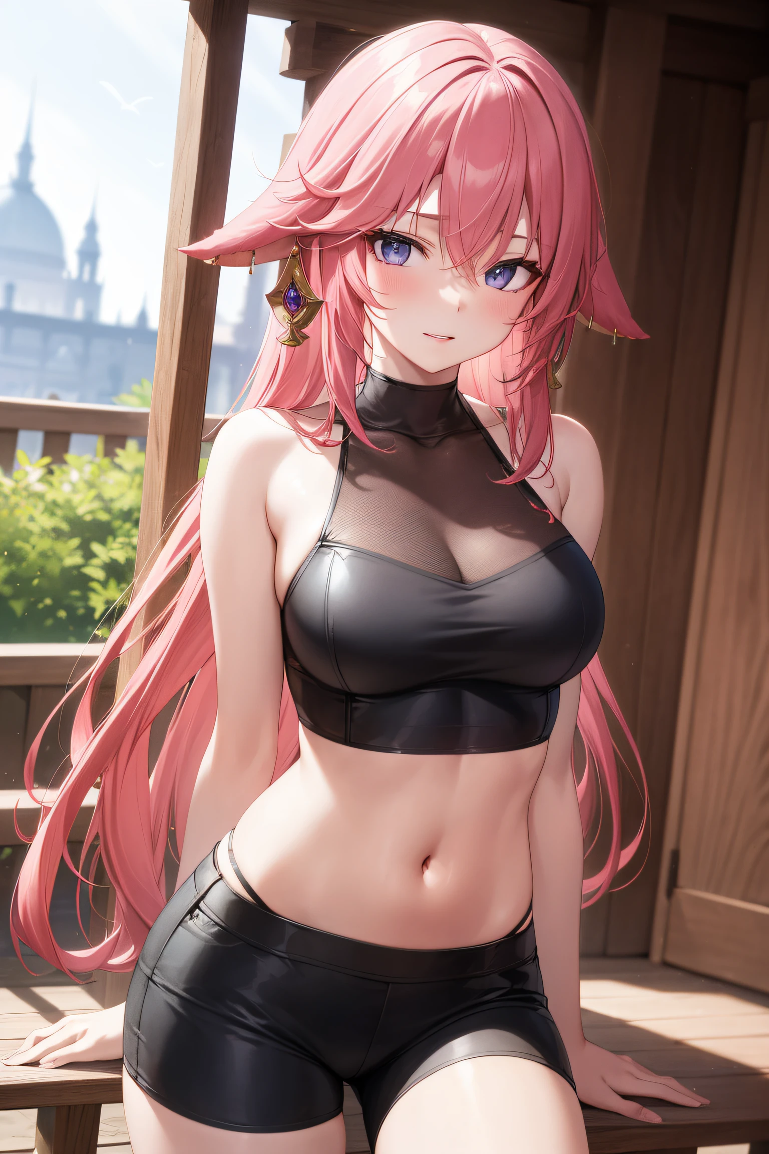 yaemiko, yae miko, floppy ears, hair between eyes, long hair, pink hair, (purple eyes:1.1), pink hair,
BREAK crop top, navel, black shorts,exercise,
BREAK looking at viewer,standing, leaning forward, arms behind back,
BREAK outdoors, shrine
BREAK (masterpiece:1.2), best quality, high resolution, unity 8k wallpaper, (illustration:0.8), (beautiful detailed eyes:1.6), extremely detailed face, perfect lighting, extremely detailed CG, (perfect hands, perfect anatomy),