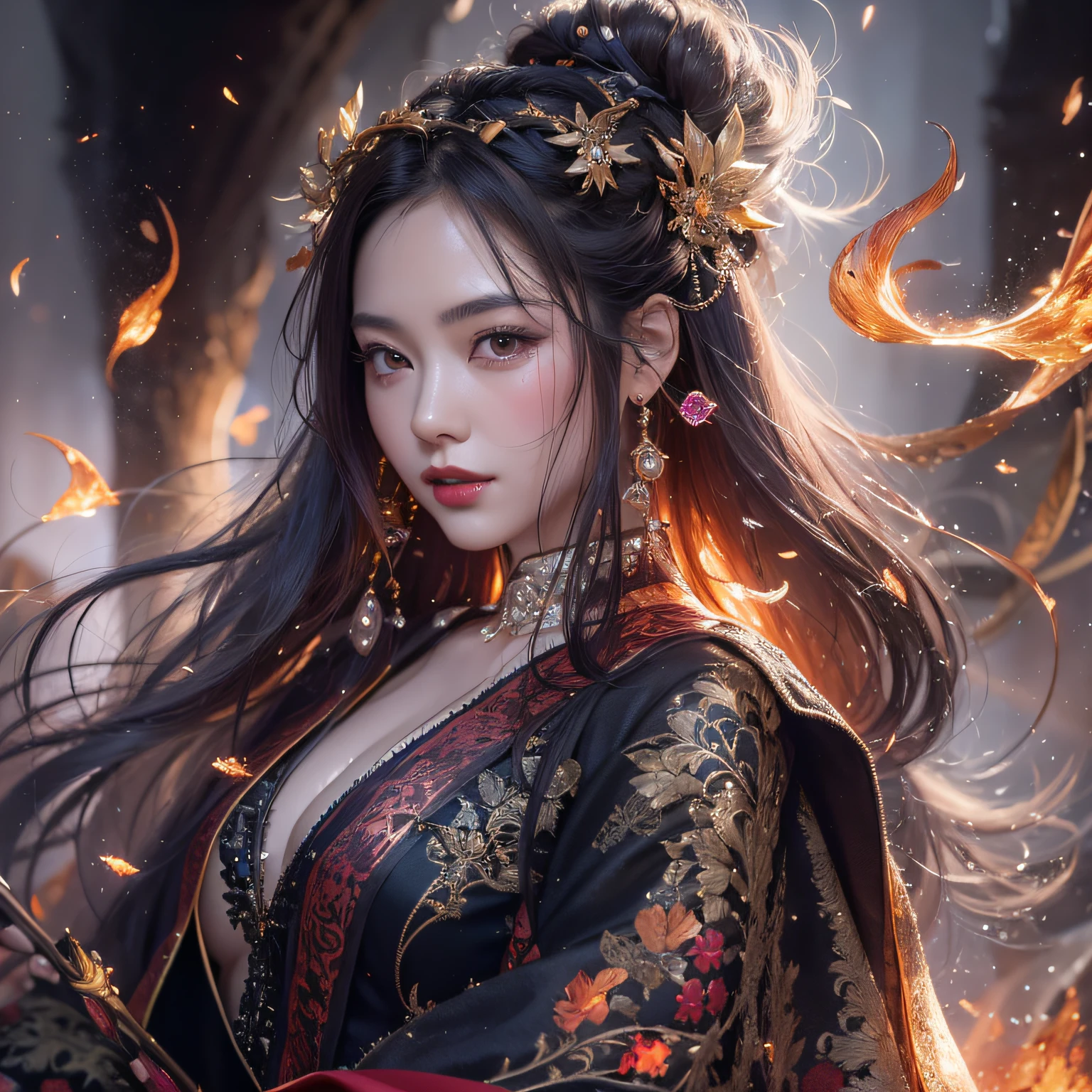 A woman with long hair and a black dress stands in front of the fire, flames surround her,she has fire powers, epic fantasy digital art style, Dreamy and gorgeous lights, Digital fantasy art, Digital 2D Fantasy Art，ancient chinese fantasy，Forty-five degree angle view，completely see-through，Woman with sword in hand，There is a totem on the sword，cold steel sword，Panorama ultra-wide angle，Woman smiling charming，The texture of the real person is delicate，strong visual impact，hyper-detailing，Girl with delicate face，pretty eyes，Purple eyes with starlight，largeeyes，long eyelasher，Hair floating in the air，Ancient Chinese long hair hairstyle，Redlip， cherry version，crystal-clear，Good sense of perspective，Surface reflected light，flowing dark hair，The content is very detailed，Exquisite，surrealism painting，Black flame entanglement，The feeling of ink flame，Picture close-up，closeup of face，China 1 girl，Rouge skin，Glowing skin，delicated face，black color hair，Put on the fantasy and gorgeous black robe，Ancient Chinese strapless robe，Ancient Chinese long dress，Big breasts are beautiful，Delicate figure，looking at the camera in，45 degree angle portrait close-up，half-body portrait，Close-up of people，Upper body hea background close-up，Background Black，background whites，Background black and white ink feeling，Delicate lubrication，to emphasize，solid color backdrop，Splashed ink background。