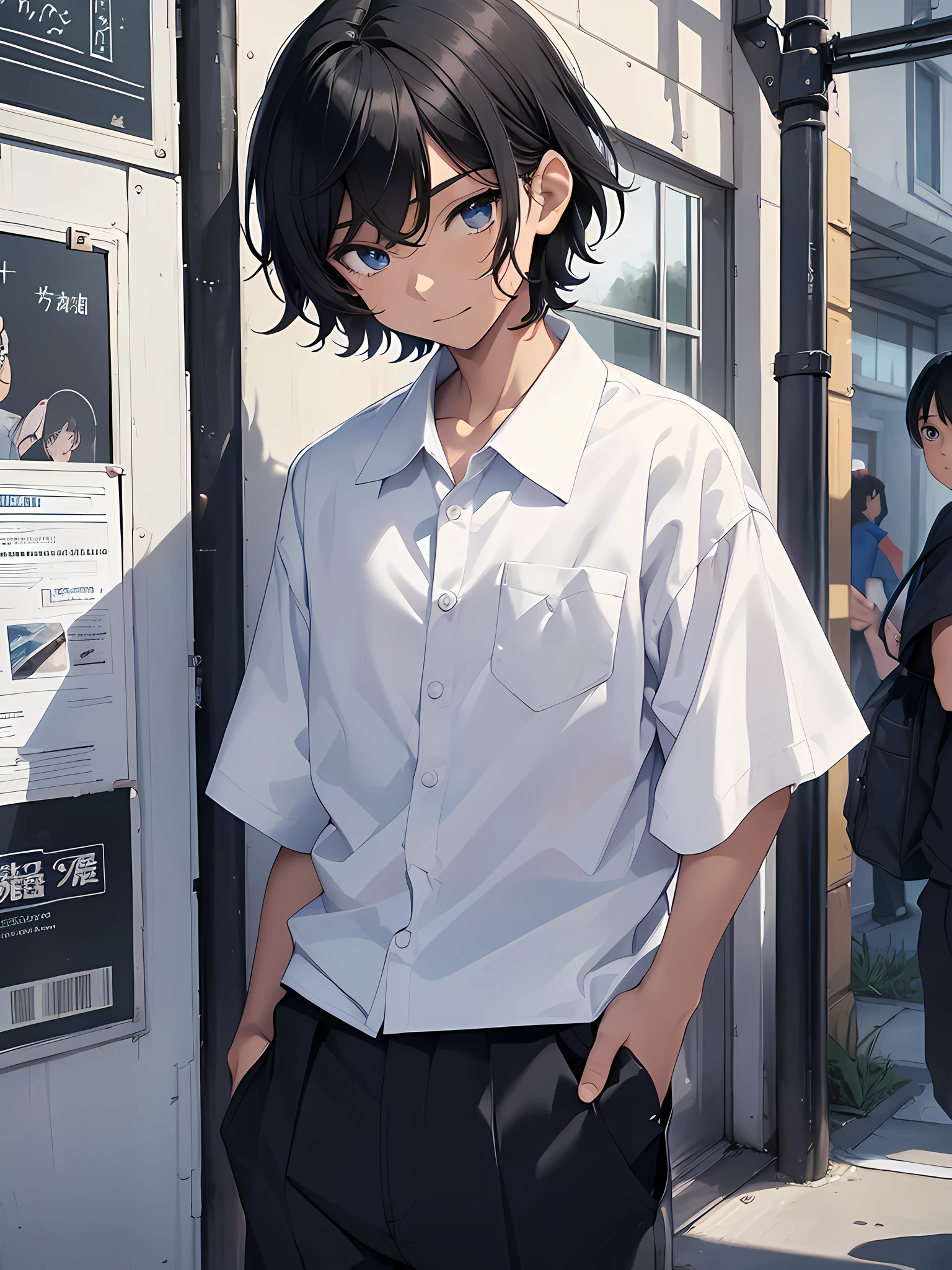 1boy, young male, age 12, black hair, happy, solo, detailed eyes, clear eyes, quality eyes, masterpiece, (UntuckedShirt:1.3), UntuckedShirt, student, White shirt (untucked, plain white, pocket, buttons), short sleeves, long black pants, wearing blue lanyard, standing, park, school, anime, line art anime