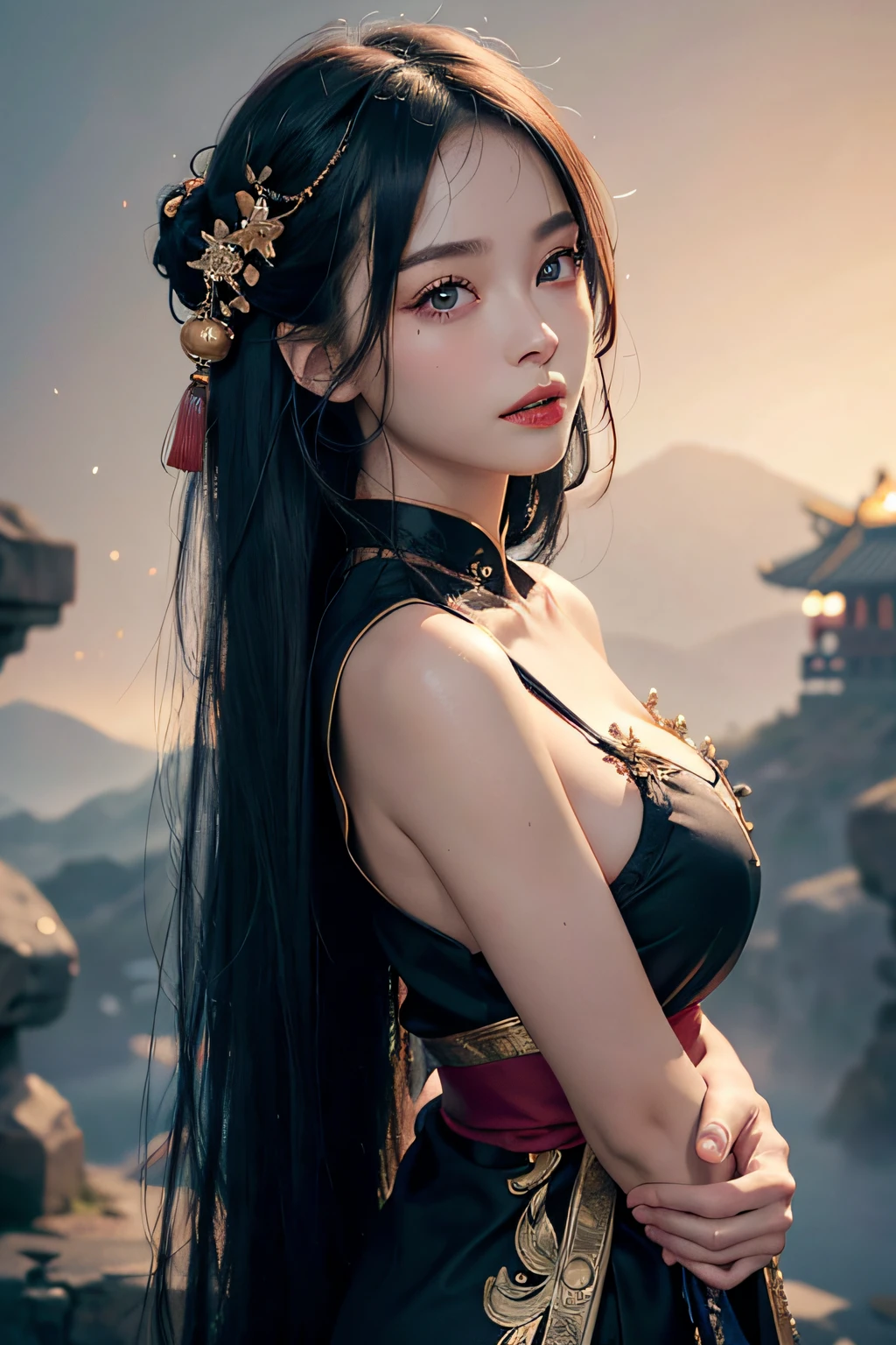 Design a terrifying image of Yasha, a beautiful woman with a demonic transformation. She should have long, flowing hair and an elegant kimono, but her face should shift to reveal sharp fangs and glowing, red eyes. The setting should be a moonlit, eerie landscape, such as a forest or an old temple, emphasizing her vengeful nature.

