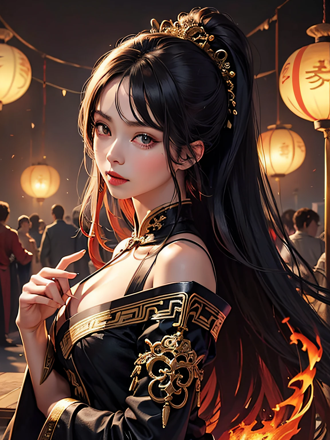 A 22-year-old female,(high-top fade:1.3),A woman with long hair and a black dress stands in front of the fire, Soothing tone,flames surround her,she has fire powers, Dreamy and gorgeous lights, ancient chinese fantasy,Forty-five degree angle view,completely see-through,Woman with sword in hand,There is a totem on the sword,cold steel sword,Panorama ultra-wide angle,Woman smiling charming,The texture of the real person is delicate,strong visual impact,hyper-detailing,Girl with delicate face,pretty eyes,Purple eyes with starlight,largeeyes,long eyelasher,Hair floating in the air,Ancient Chinese long hair hairstyle,Redlip, cherry version,crystal-clear,Good sense of perspective,Surface reflected light,flowing dark hair,The content is very detailed,Exquisite,surrealism painting,Black flame entanglement,The feeling of ink flame,Picture close-up,closeup of face,China 1 girl,Rouge skin,Glowing skin,delicated face,black color hair,put on black robe,Ancient Chinese strapless robe,Ancient Chinese long dress,looking at the camera in,45 degree angle portrait close-up,half-body portrait,Close-up of people,Upper body hea background close-up,Background Black,background whites,Background black and white ink feeling,Delicate lubrication,to emphasize,solid color backdrop,Splashed ink background。
