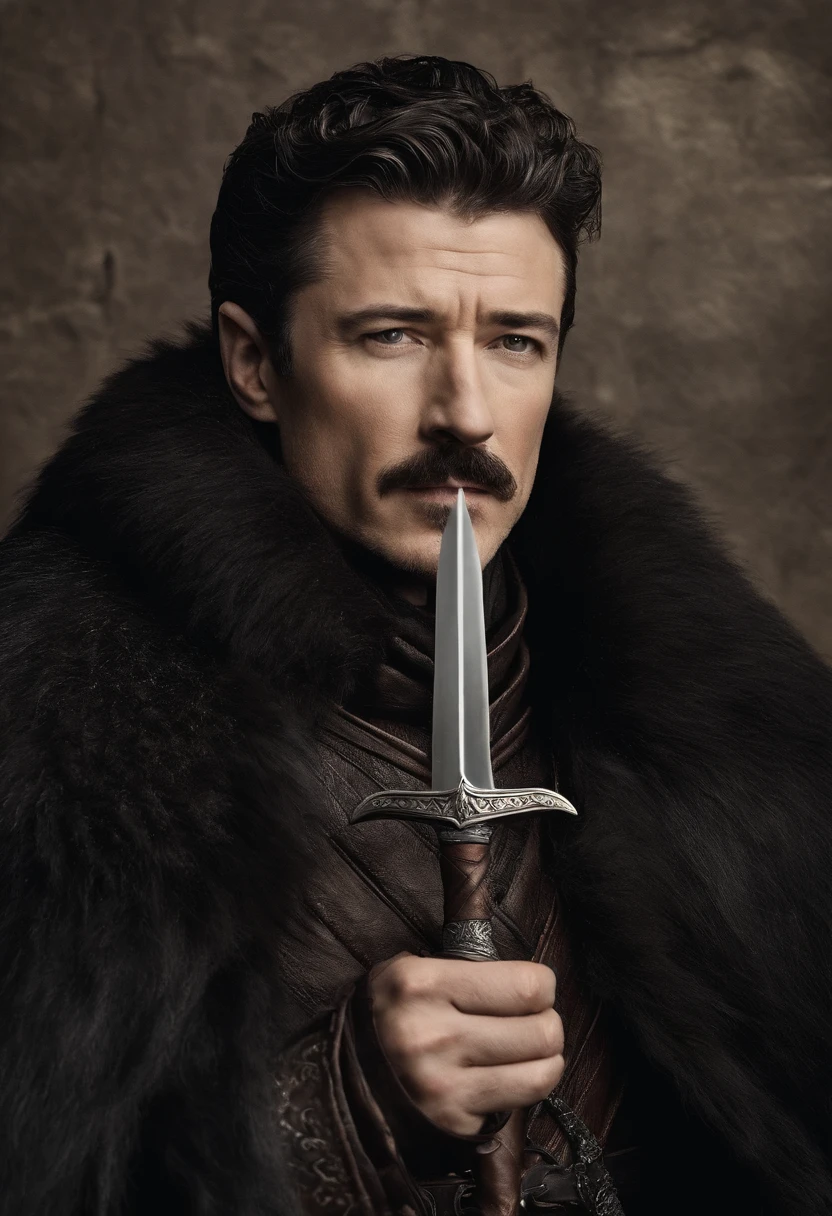 A leather-bound book with a hidden compartment containing a small dagger,Game of Thrones,Petyr is tall and wears fine coats, with black hair streaked with grey, with a moustache and short goatee. Famously portrayed by Aidan Gillen, male