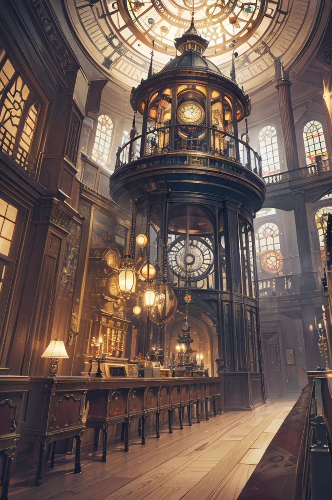 absurdres, best quality, fine detailed, 8k, no humans, Many huge colorful clocks and gears floating in a dimly lit large room, a huge karakuri clock tower decorated with crystal texture, gears of various sizes, clock-themed ornament, silver chain, steampunk, ray tracing, refraction, cinematic lighting, fisheye lens, tyndall effect