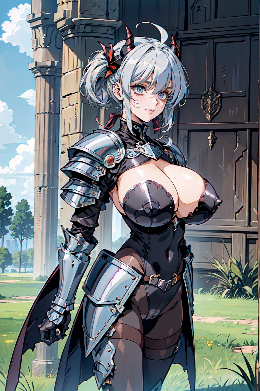 "(masterpiece:1.1), best quality,
1girl, (80s anime style:1.3), (eyelashes:1.5), (:1.2),
(intricate high detailed body:1.2),
(silver hair:1.1), (hair over one eye:1.1), (twintails, drill hair:1.2), (demon horns:1.2),
red eyes, (lip stick:1.3), (thick eyebrows:1.1),
(slim body:1.1), (gigantic breasts:1.5),
(angry, smile:1.2),
(high cut body suit armor, cleavage cutout:1.2), (pantyhose:1.2),
(knight armor, armored boots:1.2), (belts:1.1), (ahoge:1.2), gauntlets,
standing, leaning forward,
(upper body, cowboy shot, looking at viewer, from front:1.1),
(daytime, grassland, outdoors:1.2)"
