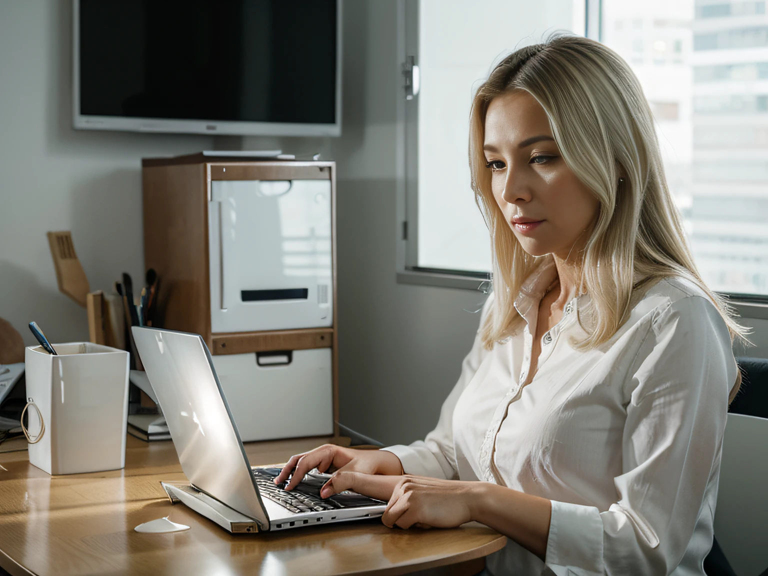 Woman in her 40s, American white skin light hair dressed executive watching her laptop on desk, illuminated minimalist office