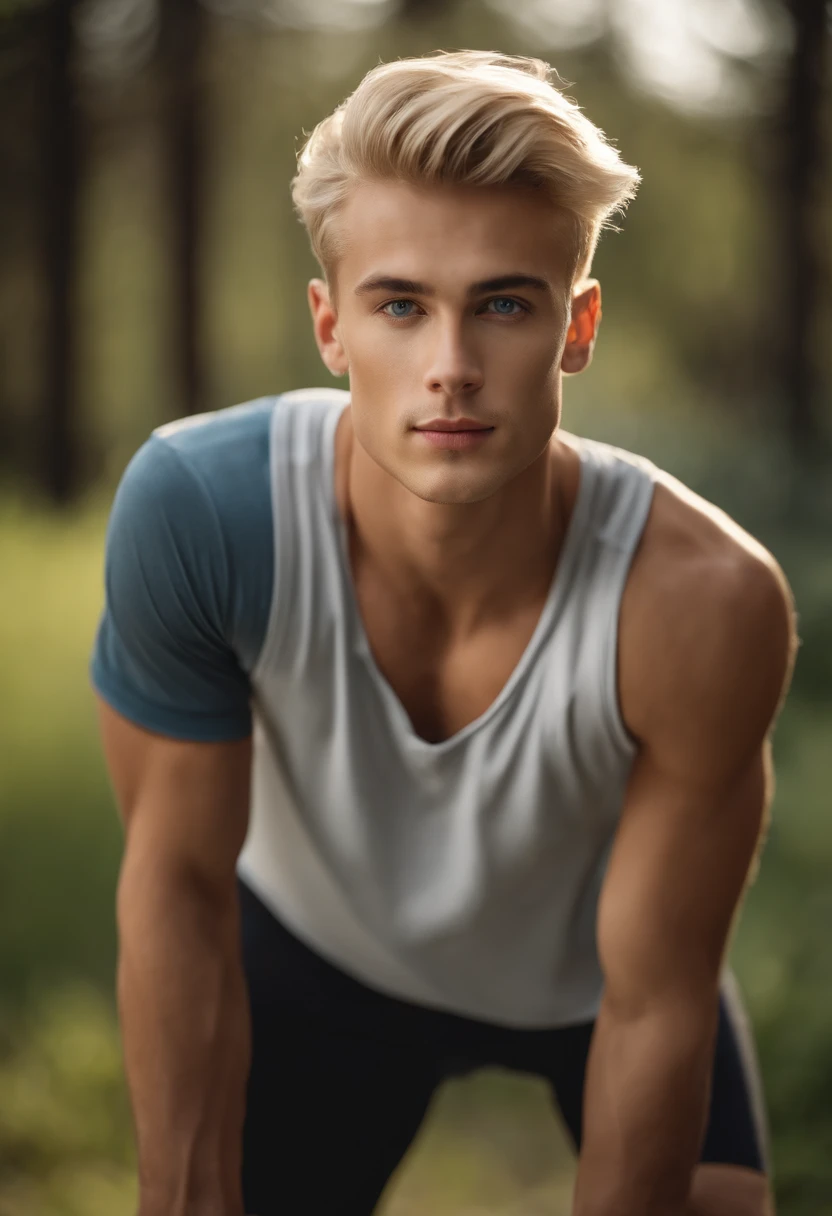 Strong young white man, with very short hair and very light golden blond of European ethnicity. He must be in his apartment, with his back to the photo and shirtless. He is wearing some light jewelry and looks like a rapper