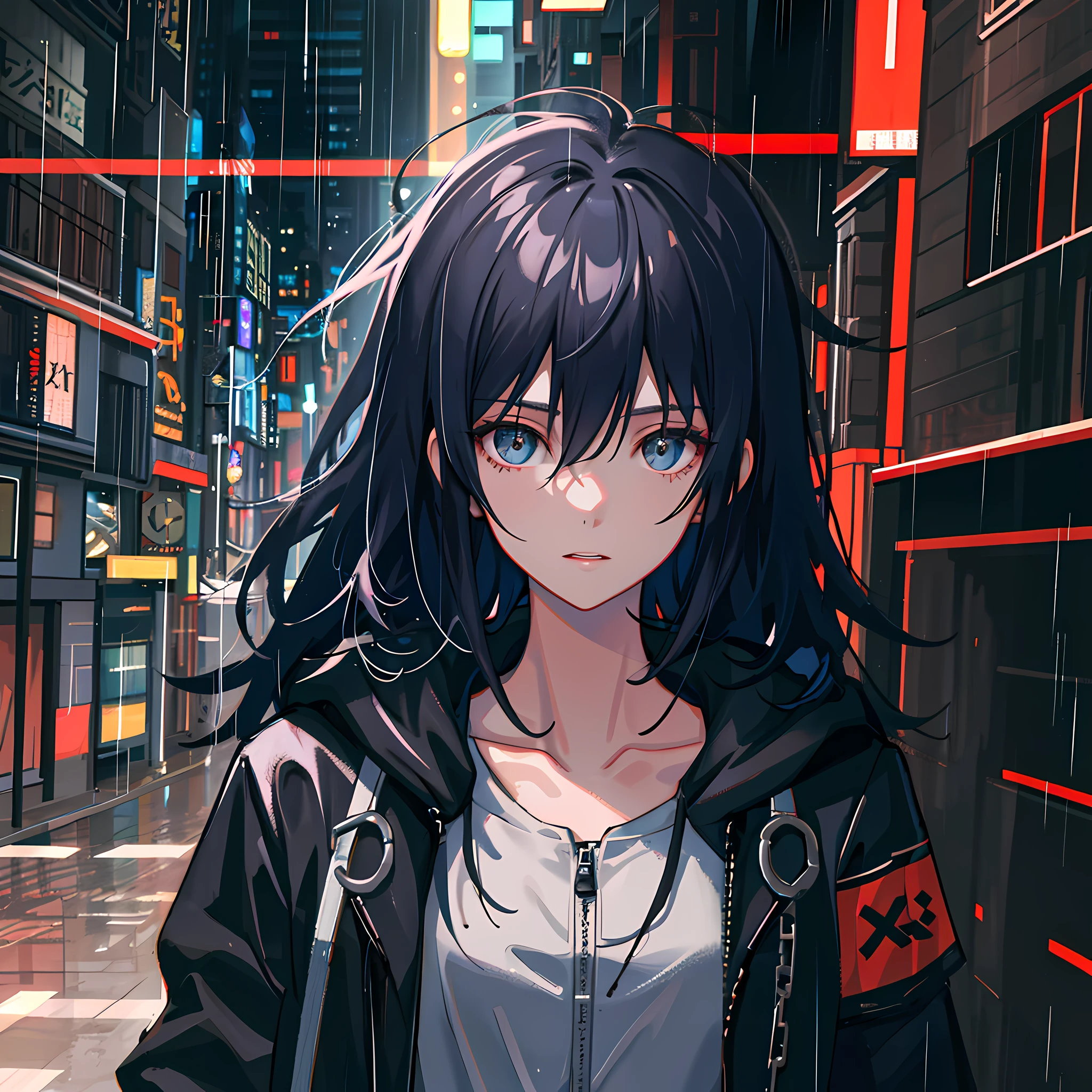 1girl, jacket, rain, outdoor, hoodie, open jacket, chain, backpack, looking at another, messy hair, trending on artstation, 8k resolution, highly detailed, anatomically correct, sharp image, digital painting, concept art, trending on pixiv, style of makoto shinkai,