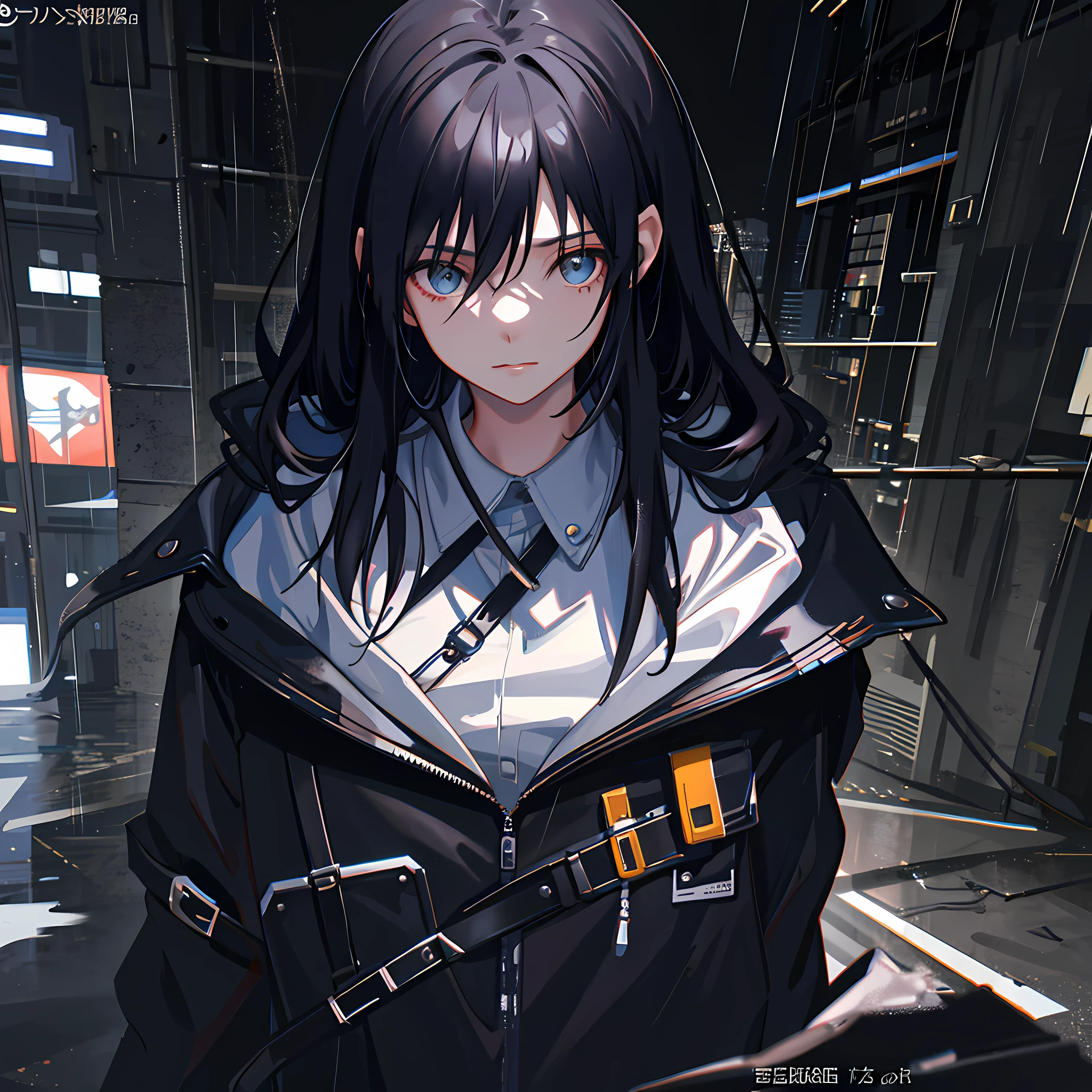 1girl, jacket, rain, outdoor, hoodie, open jacket, chain, backpack, looking at another, messy hair, trending on artstation, 8k resolution, highly detailed, anatomically correct, sharp image, digital painting, concept art, trending on pixiv, style of makoto shinkai,