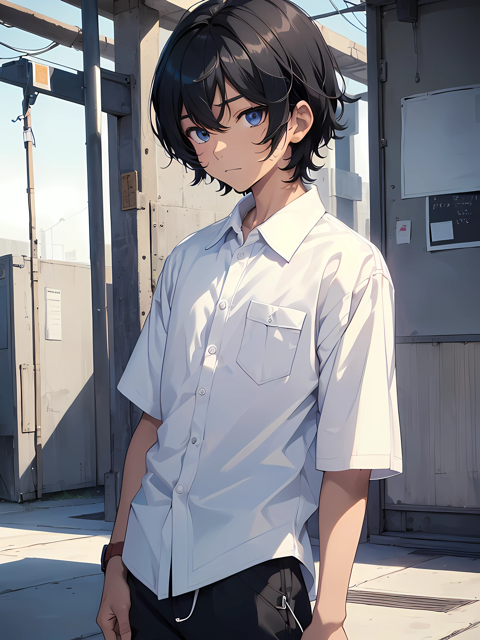 1boy, young male, , black hair, happy, solo, detailed eyes, clear eyes, quality eyes, masterpiece, (UntuckedShirt:1.3), UntuckedShirt, student, White shirt (untucked, plain white, pocket, buttons), short sleeves, long black pants, wearing blue lanyard, standing, park, school, anime, line art anime