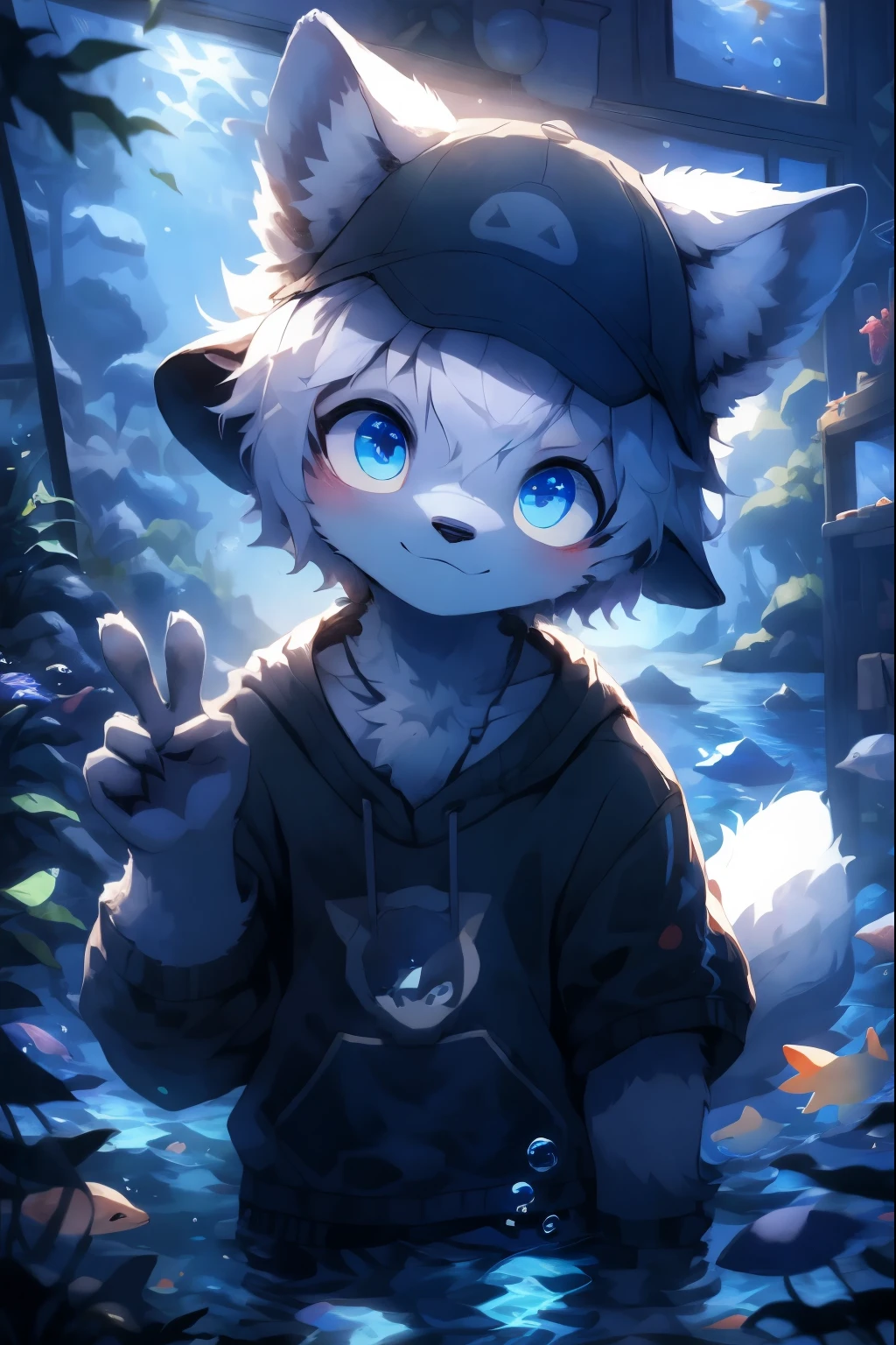 masterpiece, best quality, bright eyes, detailed eyes, furry, wolf, male, baggy clothing, baseball cap, v sign, (head tilt:1.3), high saturation, colorful, detailed background, perfect lighting, shadow, aquarium, window, deep blue theme, bubble